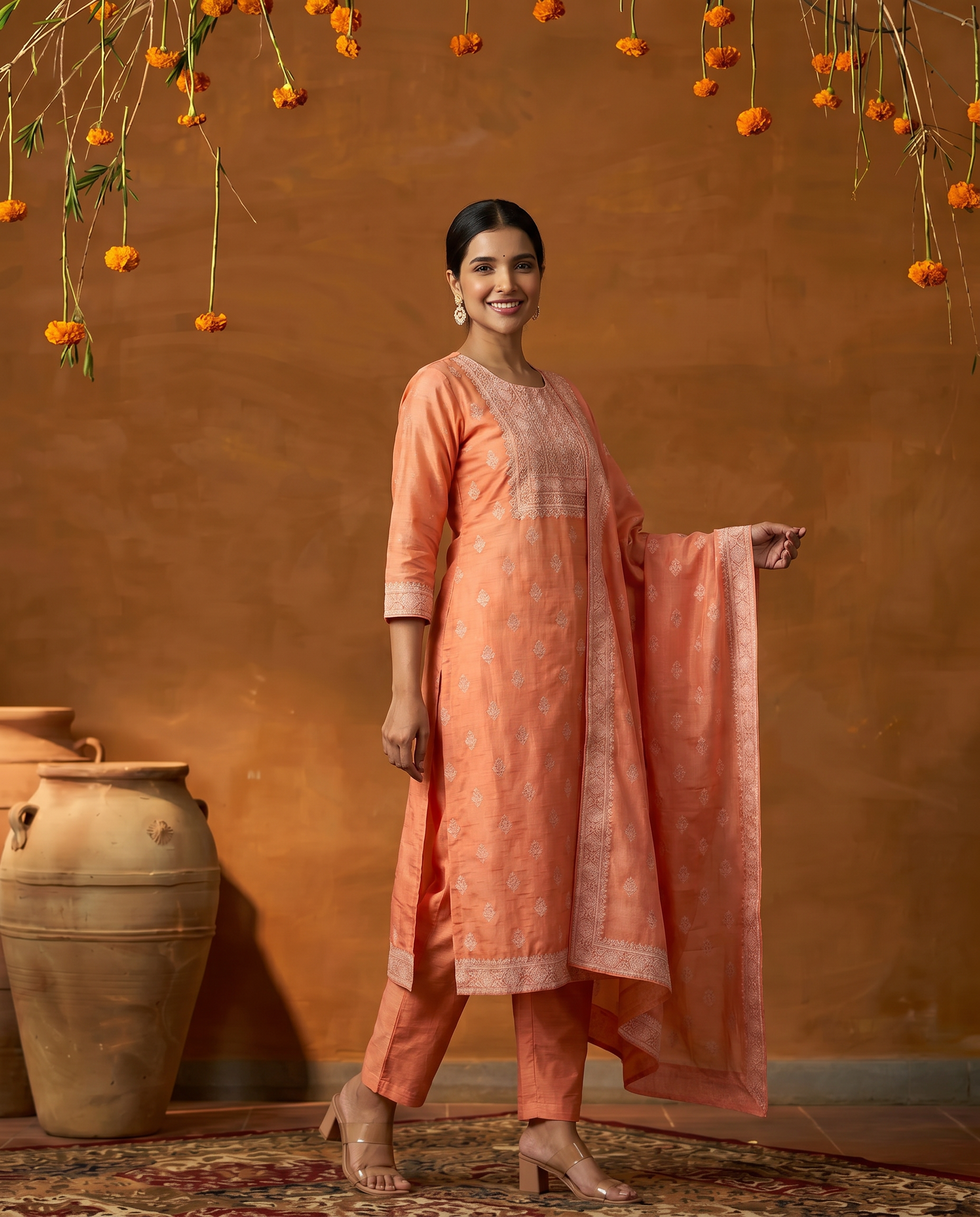 Peach Embroidered Salwar Suit Set with White Border - side