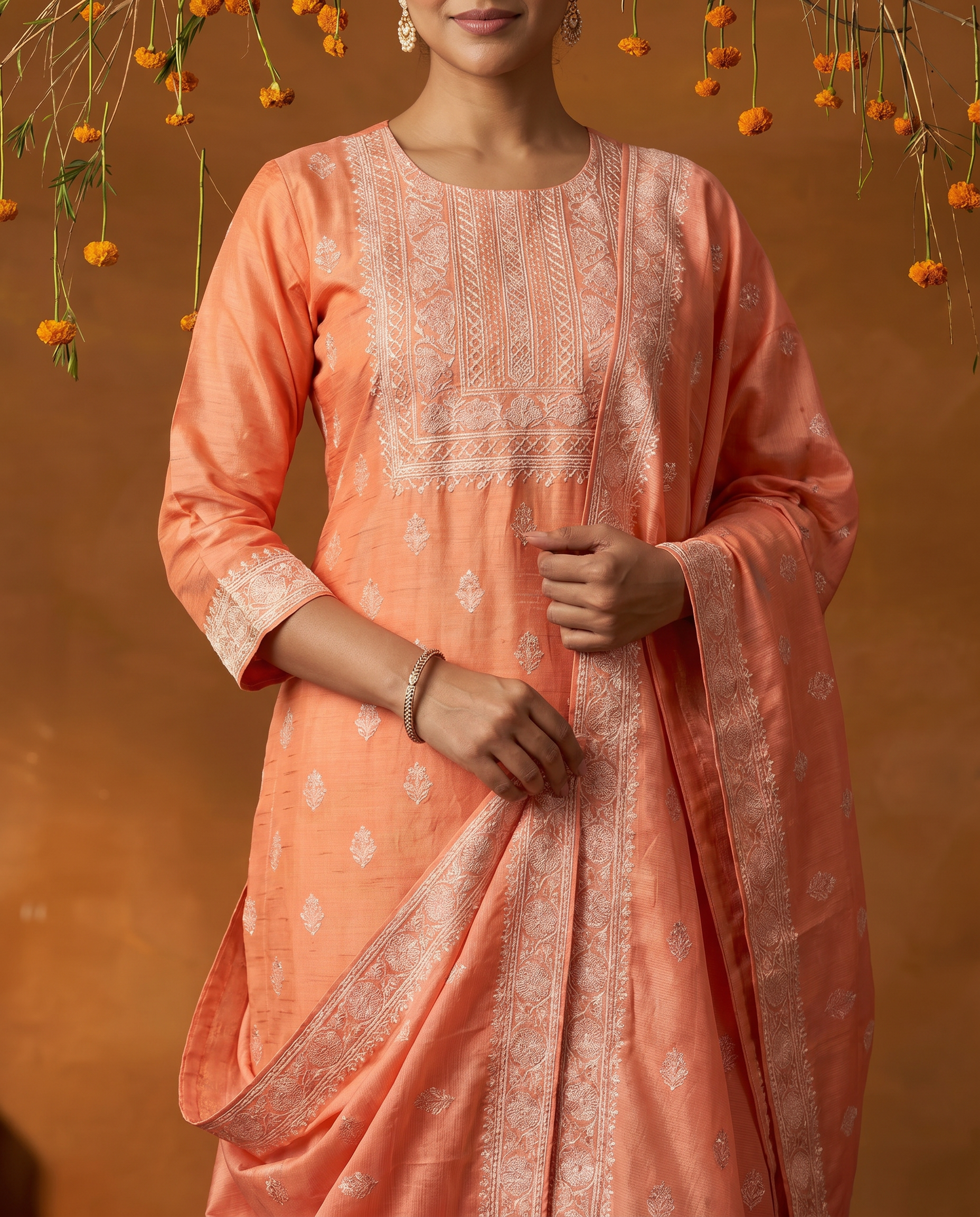 Peach Embroidered Salwar Suit Set with White Border - closeup