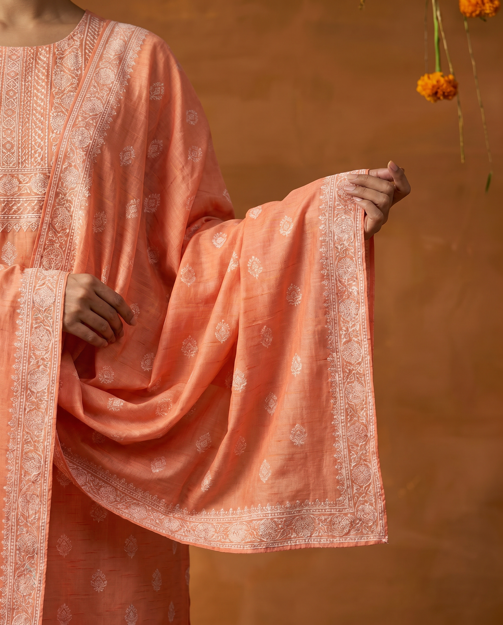Peach Embroidered Salwar Suit Set with White Border - dupatta