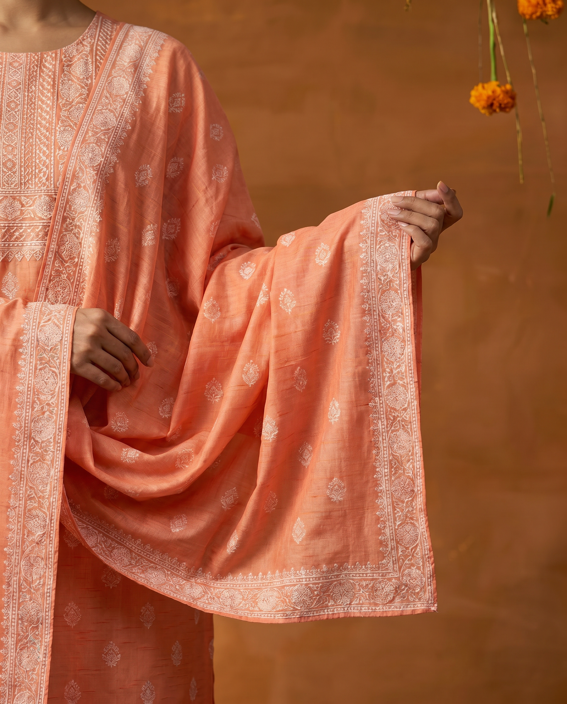 Peach Embroidered Salwar Suit Set with White Border - dupatta