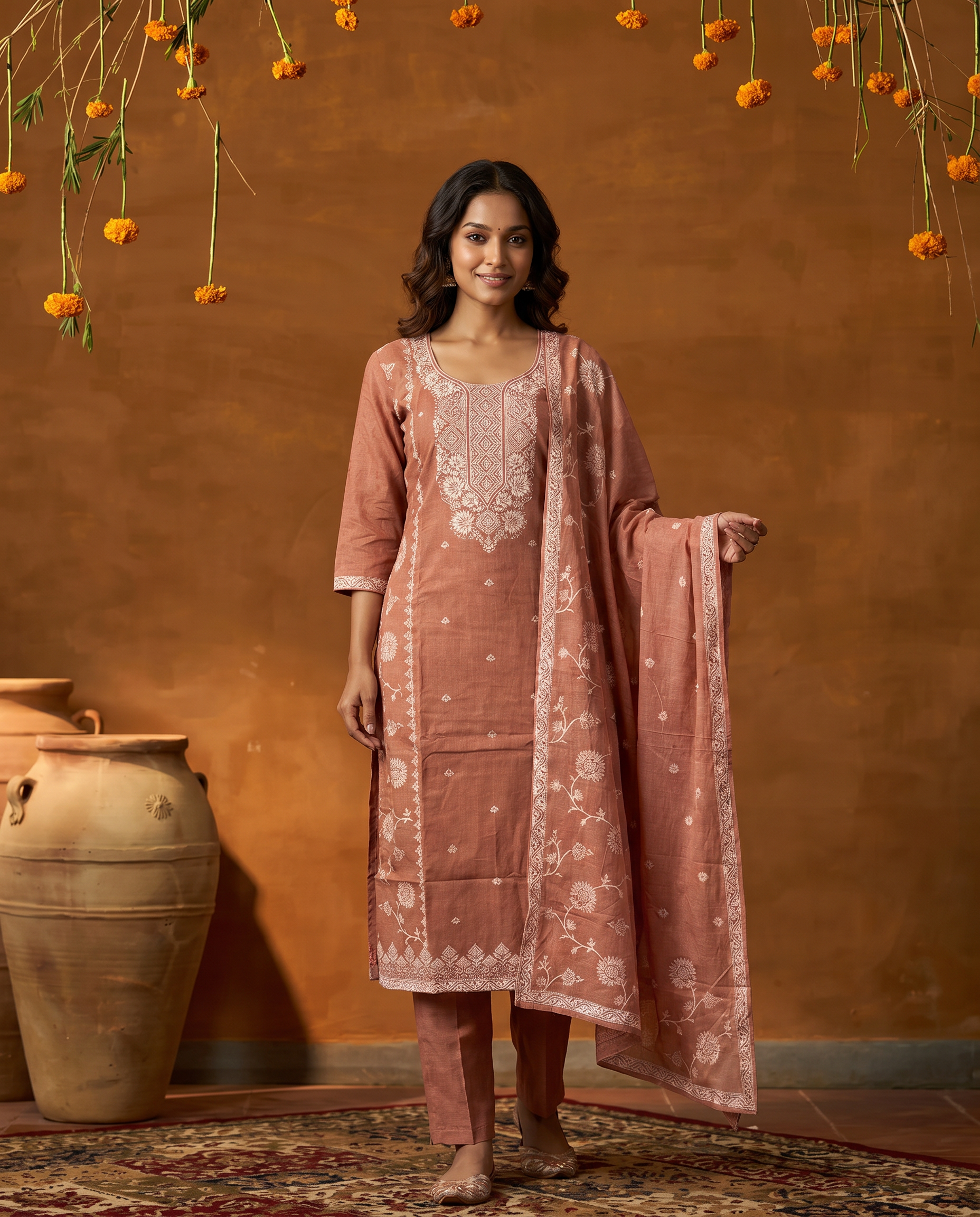 Peach Embroidered Salwar Suit Set with White Detail - front