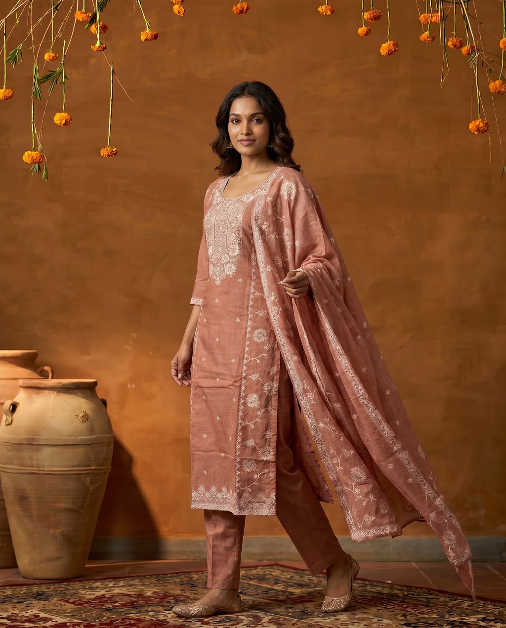 Peach Embroidered Salwar Suit Set with White Detail - side