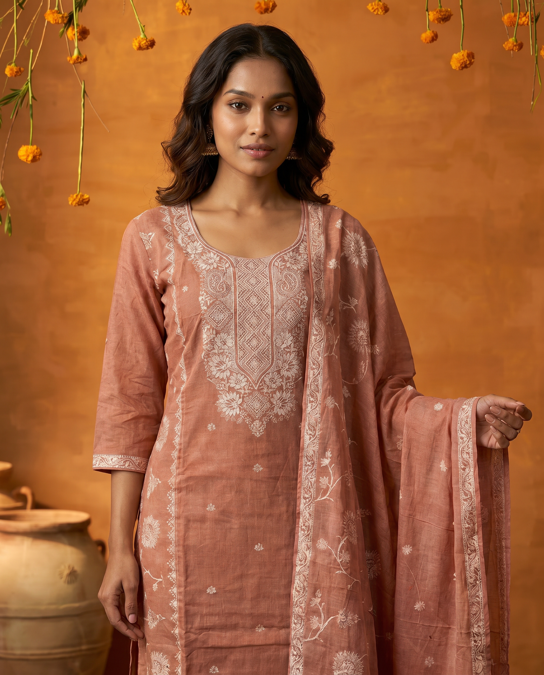 Peach Embroidered Salwar Suit Set with White Detail - closeup