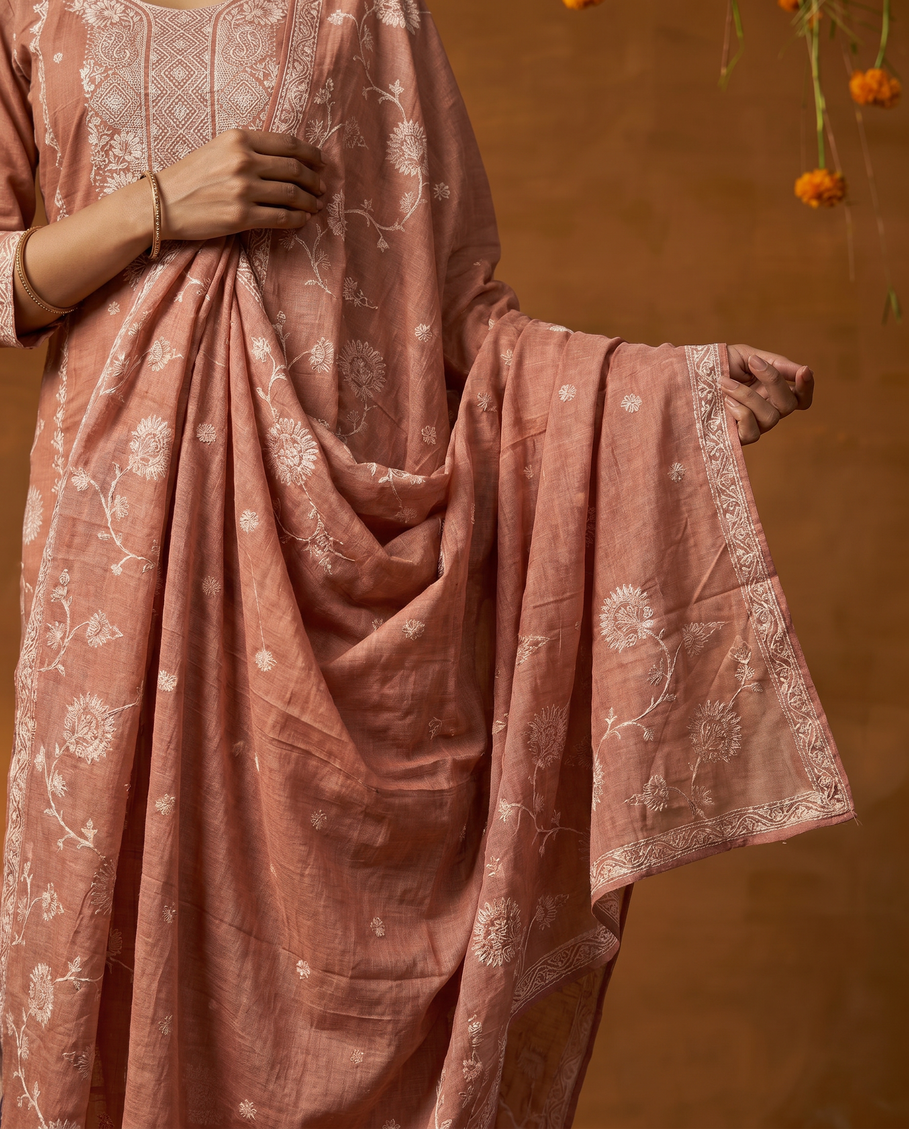 Peach Embroidered Salwar Suit Set with White Detail - dupatta