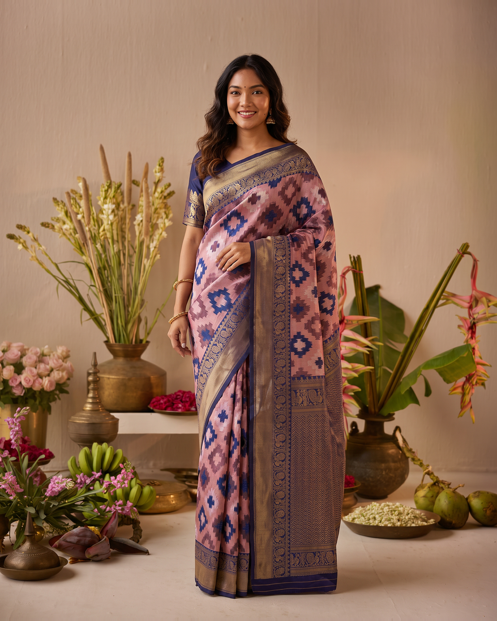 Peach Navy Ikat Silk Saree with Heritage Border - full saree hero