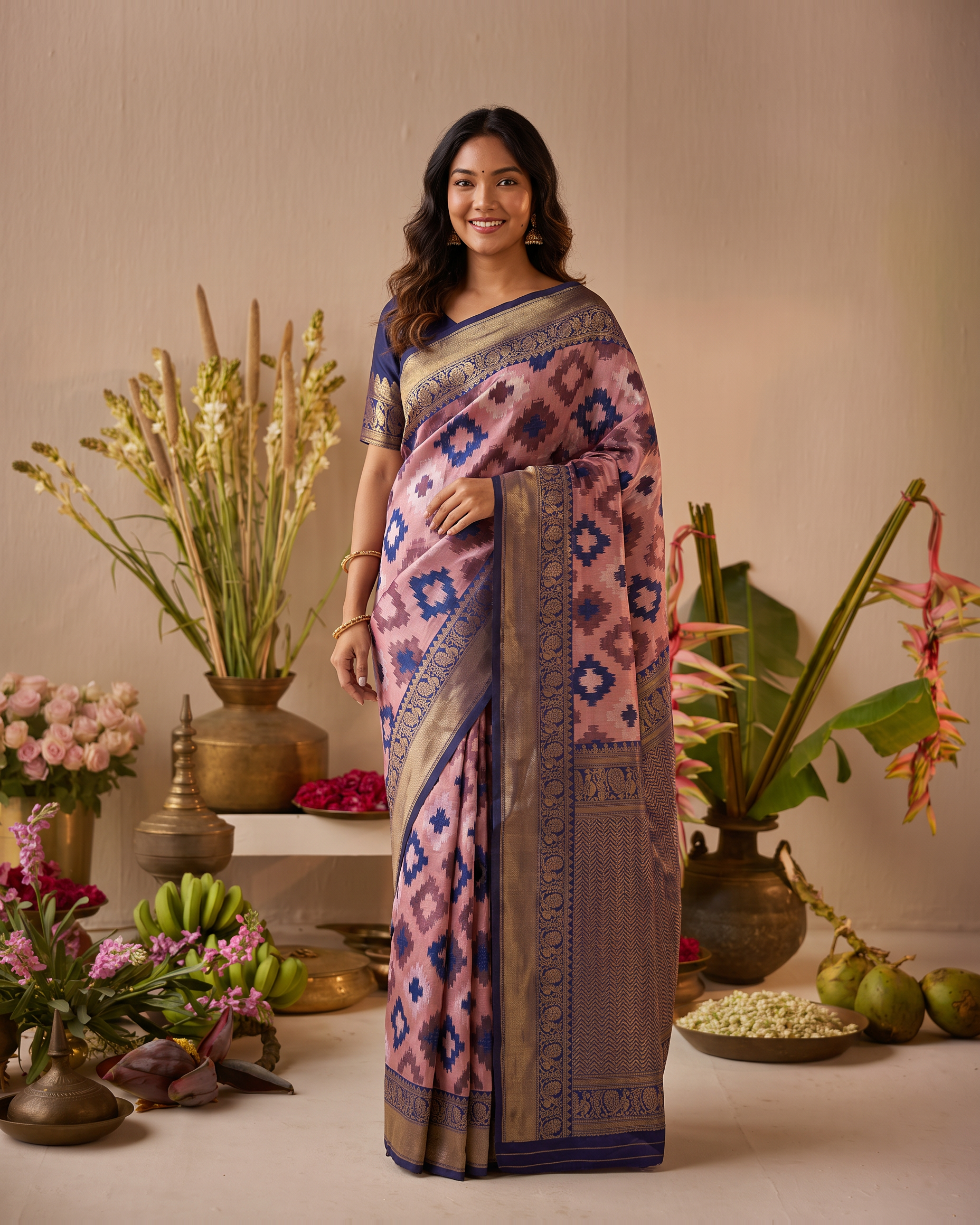 Peach Navy Ikat Silk Saree with Heritage Border - full saree hero