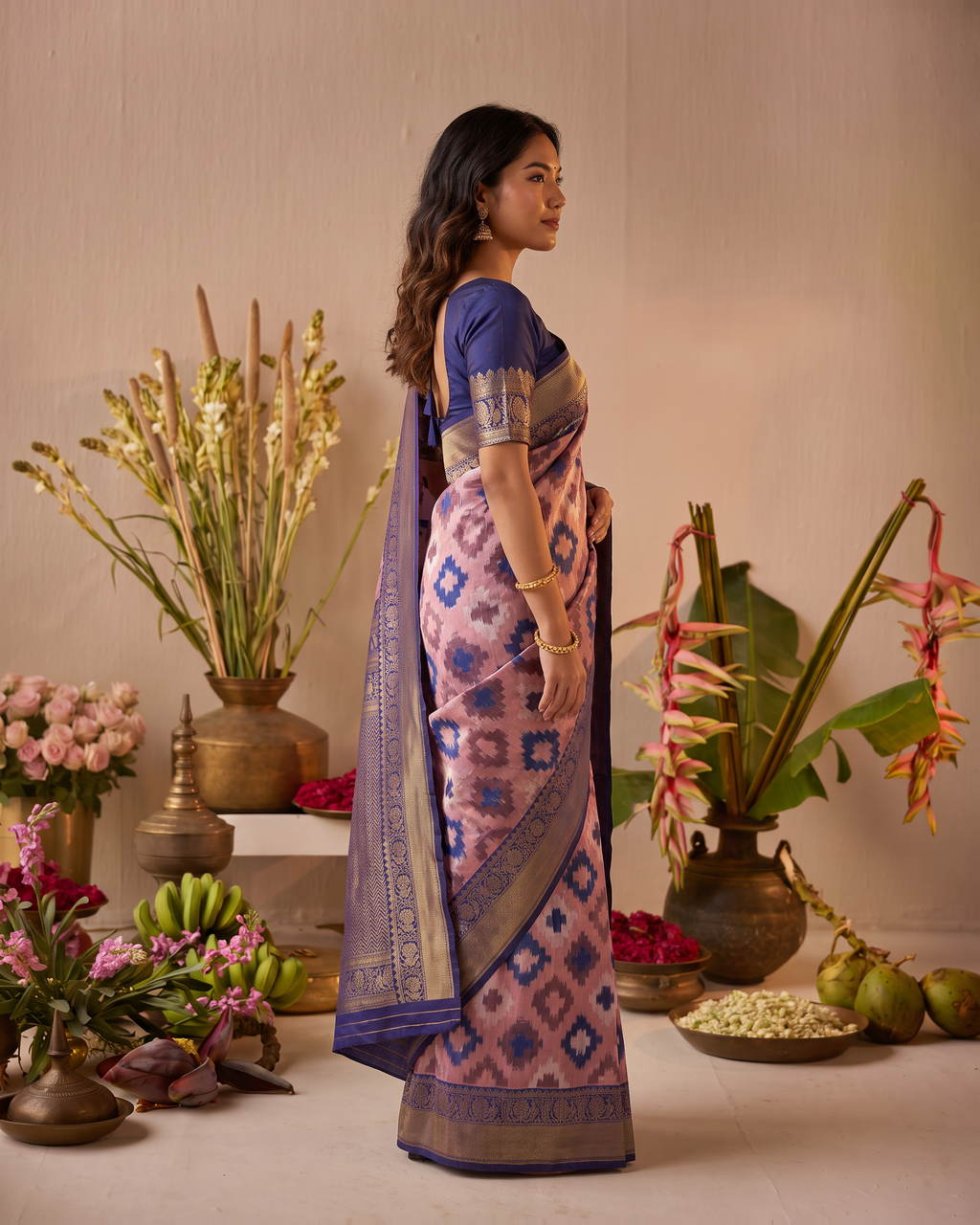 Peach Navy Ikat Silk Saree with Heritage Border - side drape