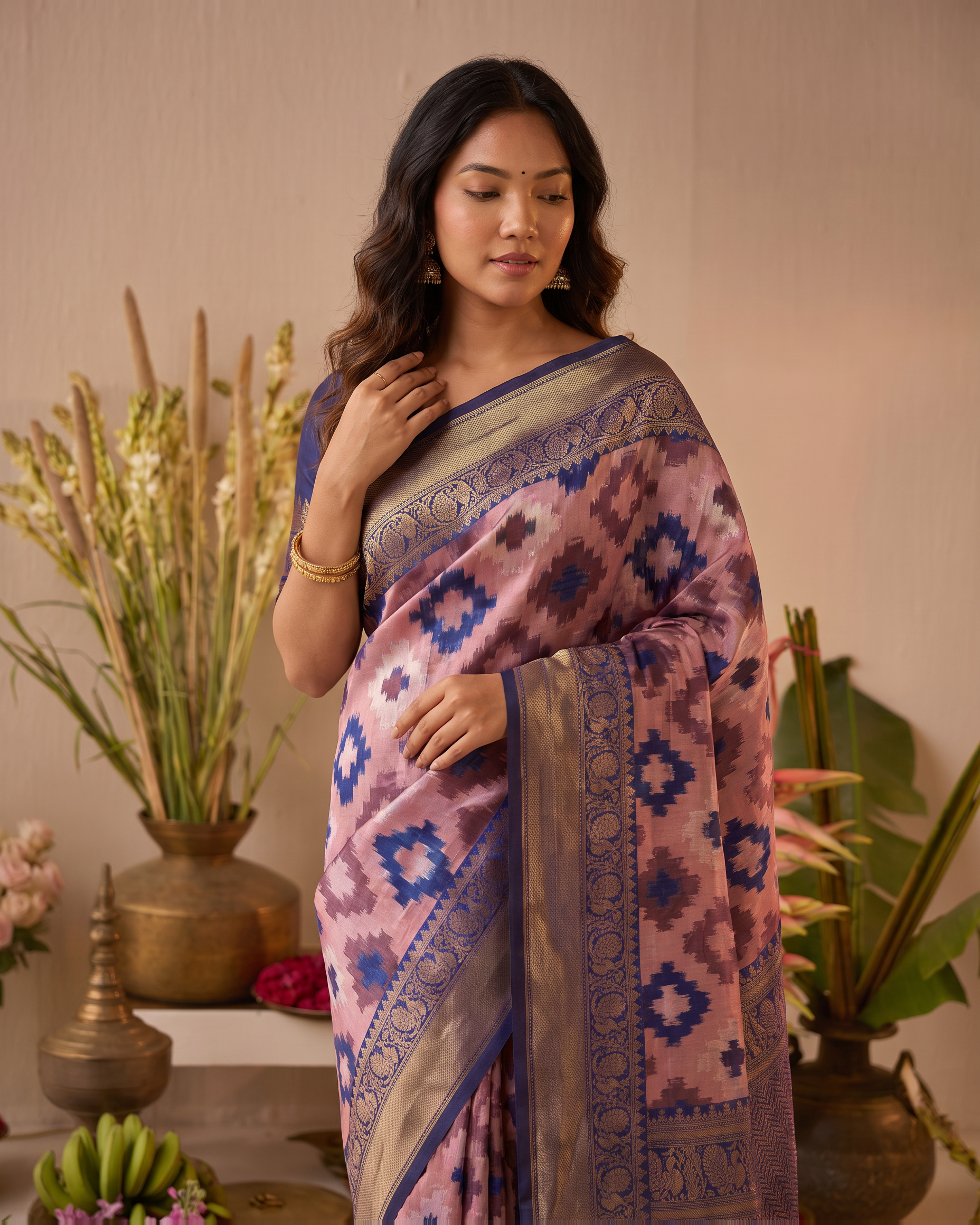 Peach Navy Ikat Silk Saree with Heritage Border - upper closeup