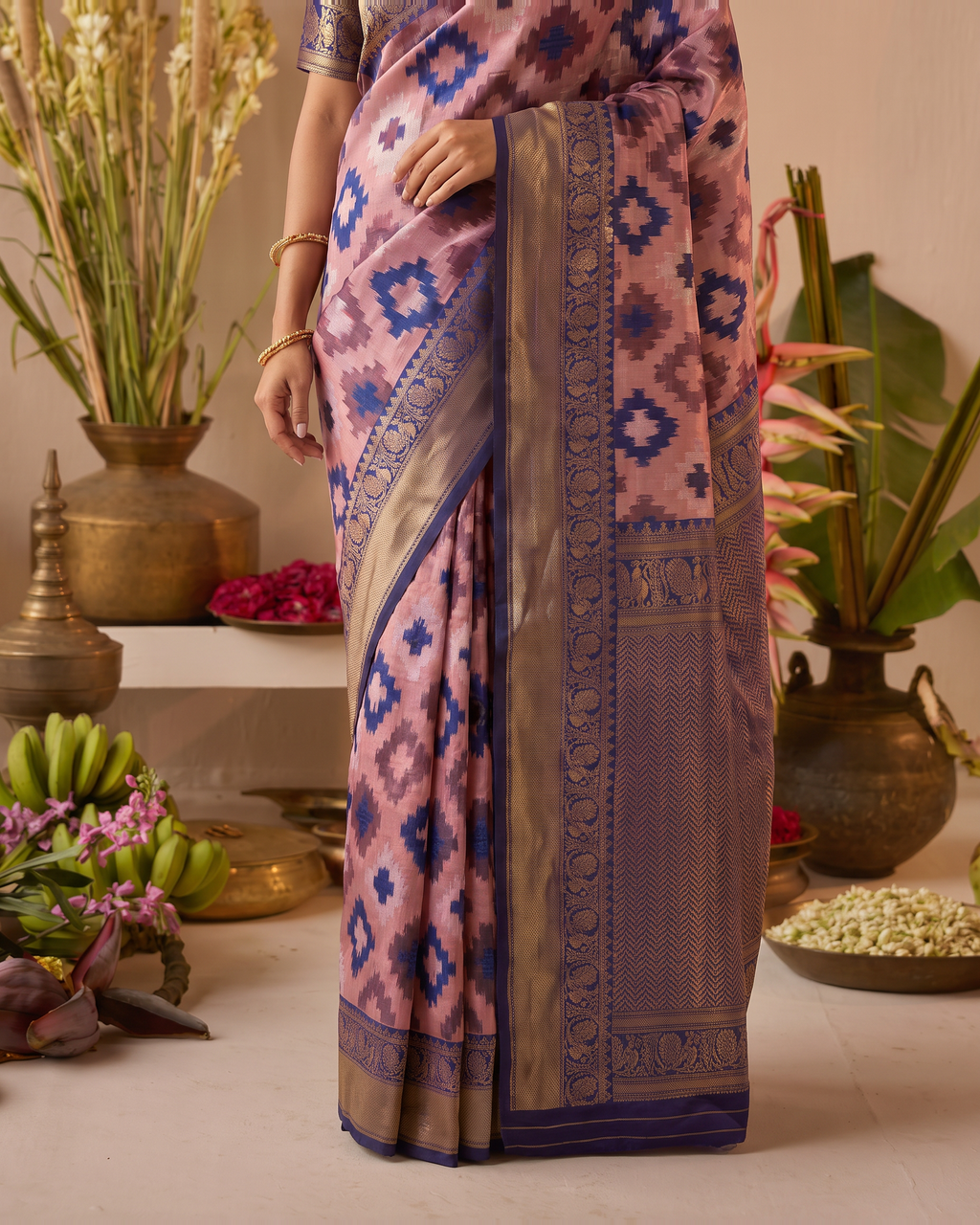 Peach Navy Ikat Silk Saree with Heritage Border - lower closeup