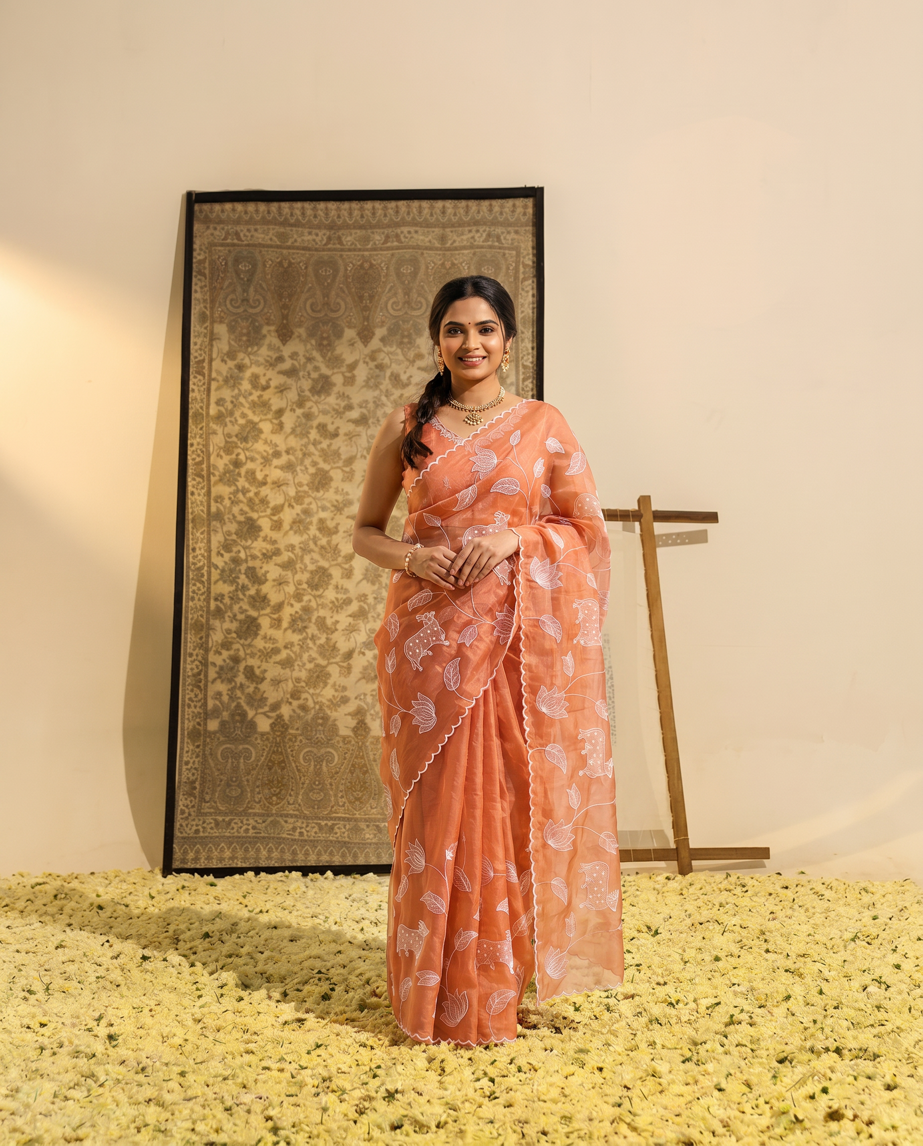 Peach Satin Elegance Embroidered Saree - output 0 - 02 hero