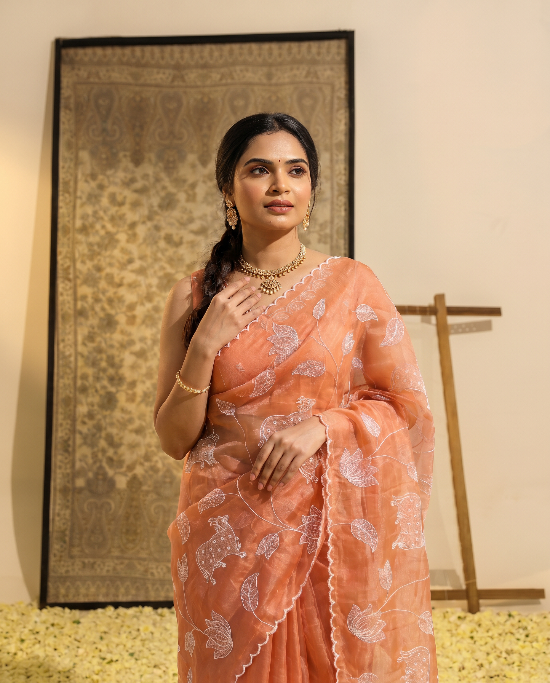Peach Satin Elegance Embroidered Saree - output 0 - 04 upper closeup