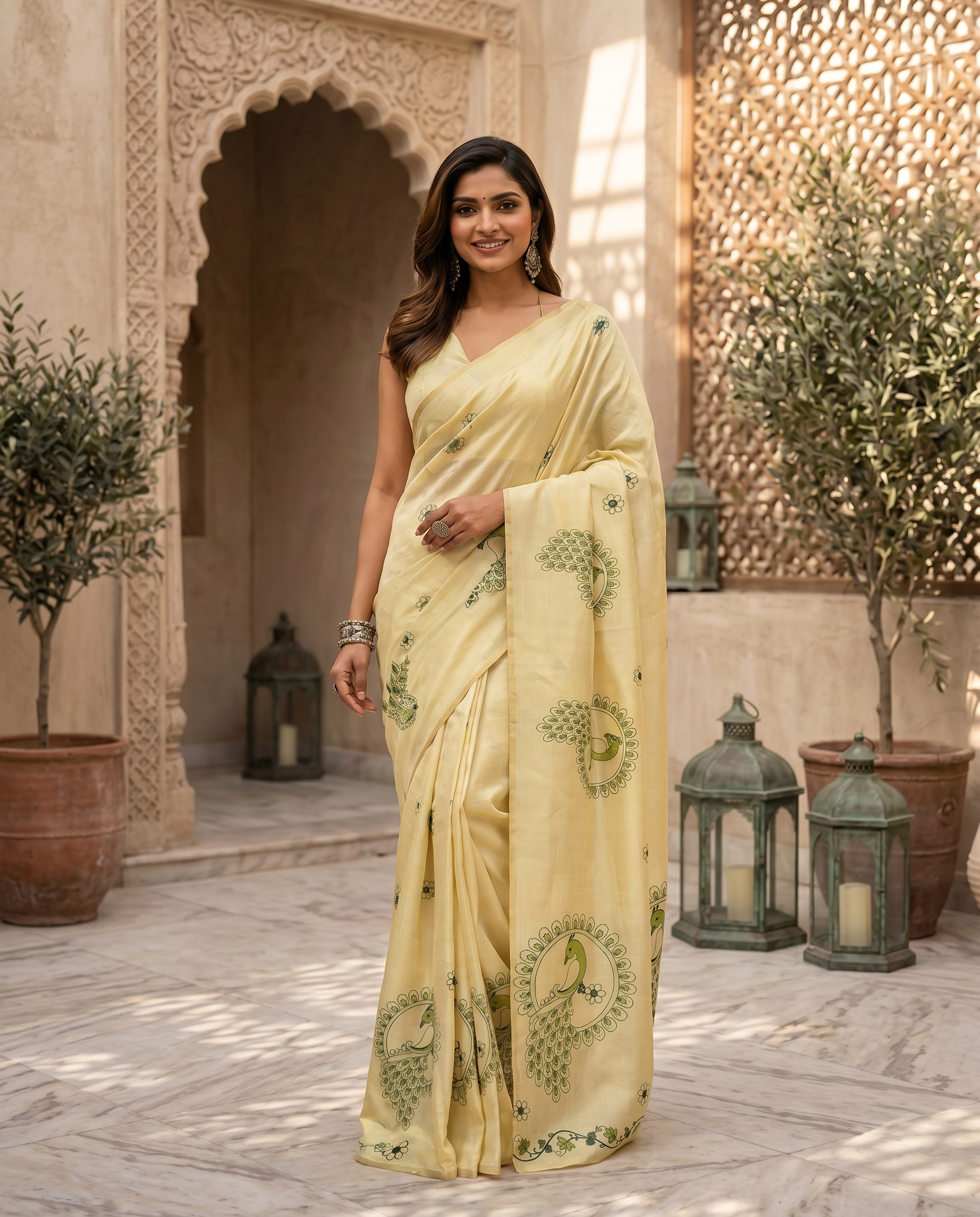 Peacock Motif Chanderi Cotton Saree: Focusing on the distinct circular peacock and floral motifs. - output 0 - 02 hero
