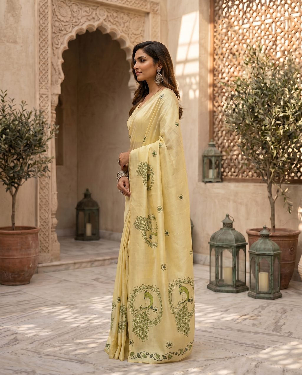 Peacock Motif Chanderi Cotton Saree: Focusing on the distinct circular peacock and floral motifs. - output 0 - 03 side