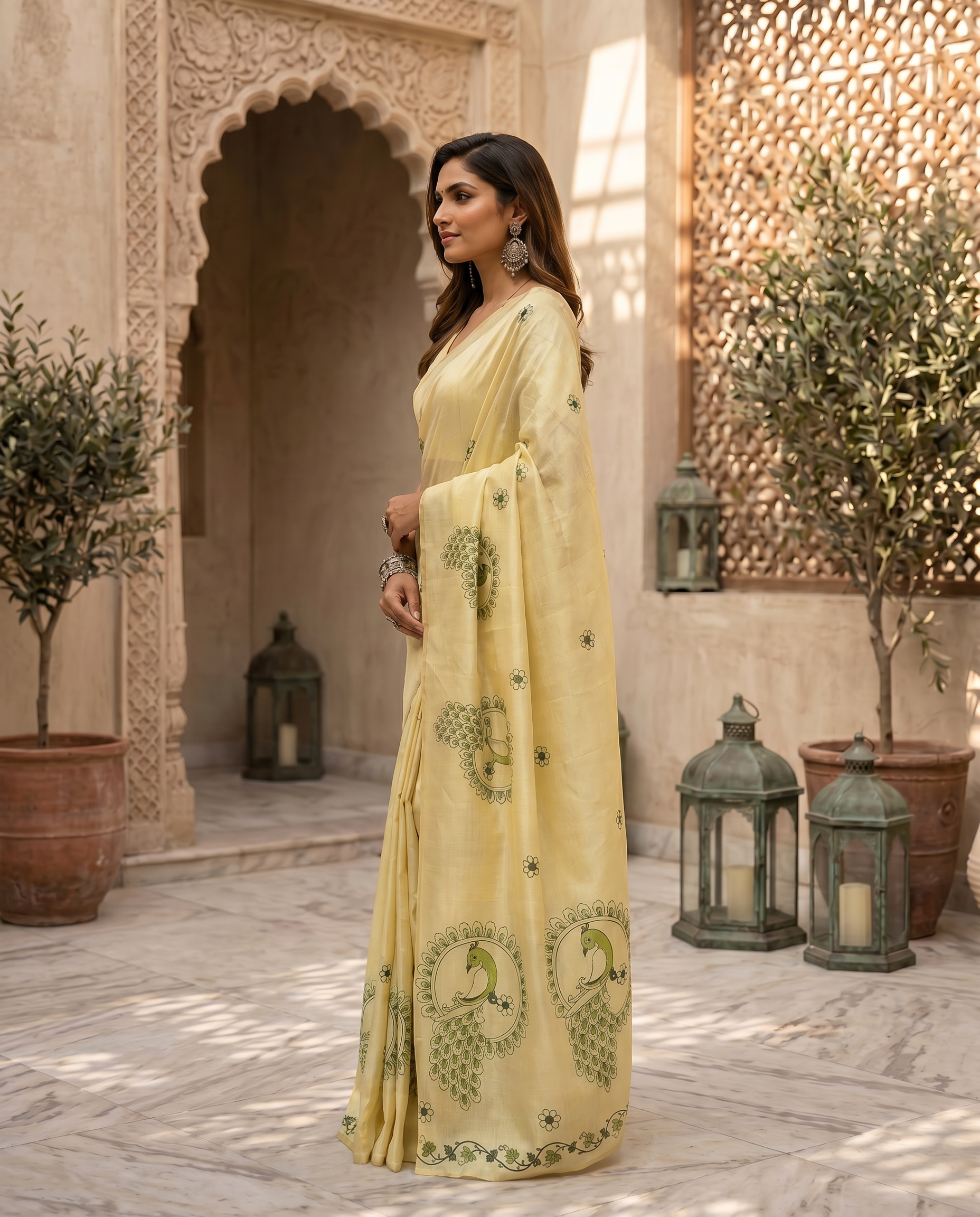 Peacock Motif Chanderi Cotton Saree: Focusing on the distinct circular peacock and floral motifs. - output 0 - 03 side
