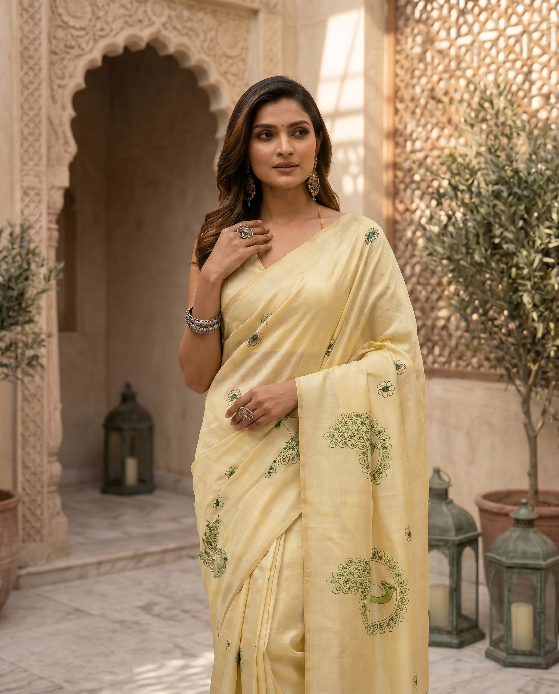 Peacock Motif Chanderi Cotton Saree: Focusing on the distinct circular peacock and floral motifs. - output 0 - 04 upper closeup
