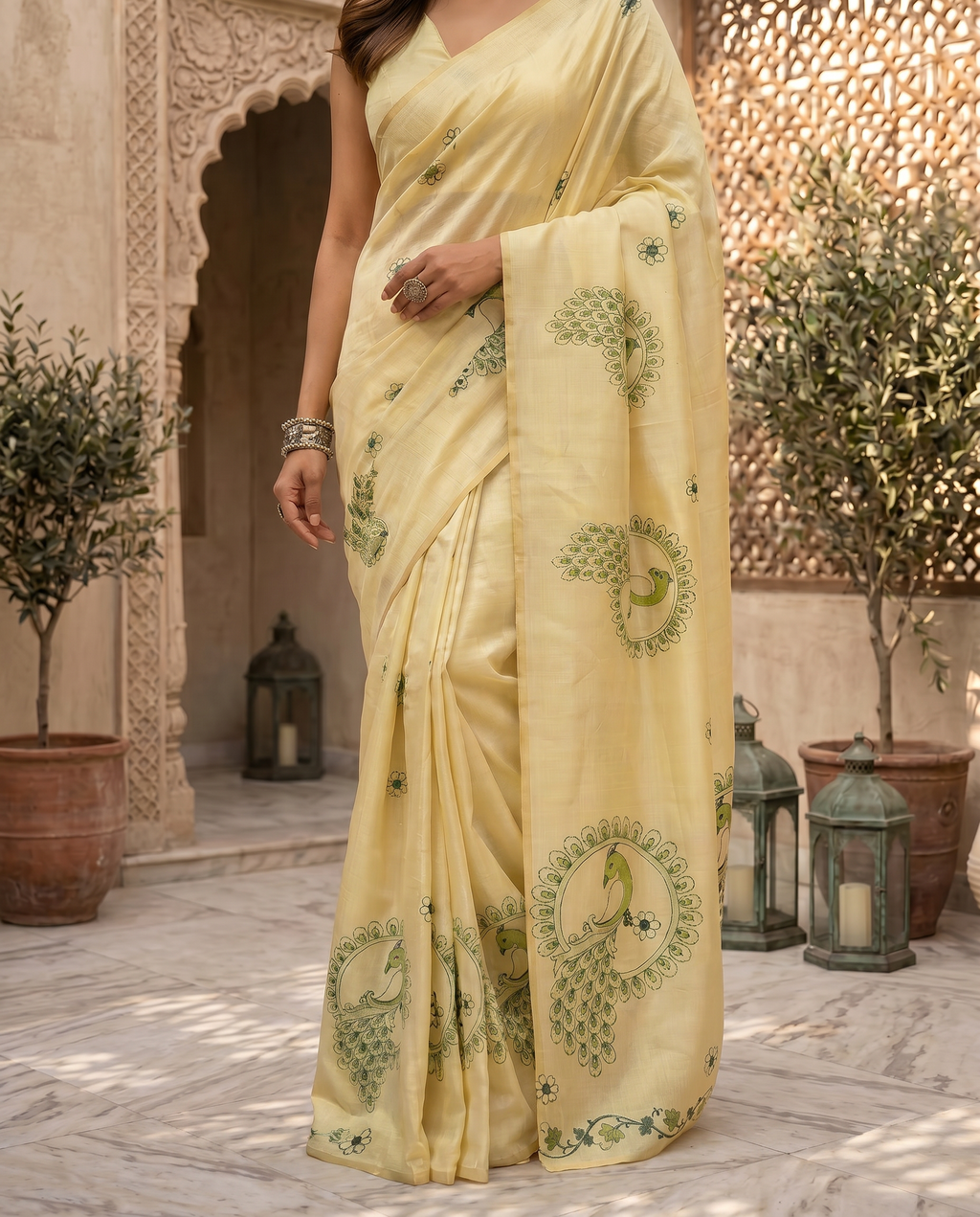 Peacock Motif Chanderi Cotton Saree: Focusing on the distinct circular peacock and floral motifs. - output 0 - 05 lower closeup