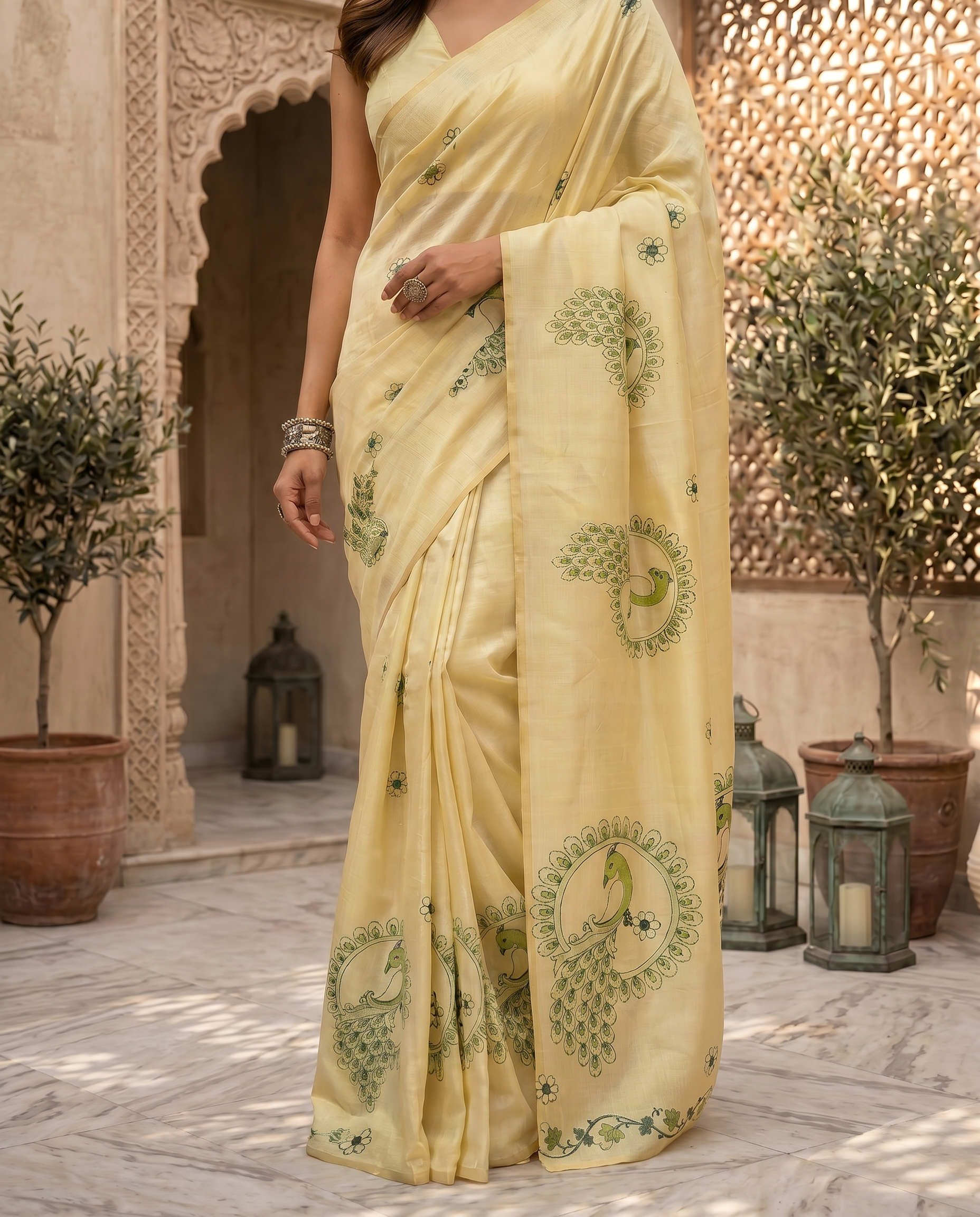 Peacock Motif Chanderi Cotton Saree: Focusing on the distinct circular peacock and floral motifs. - output 0 - 05 lower closeup