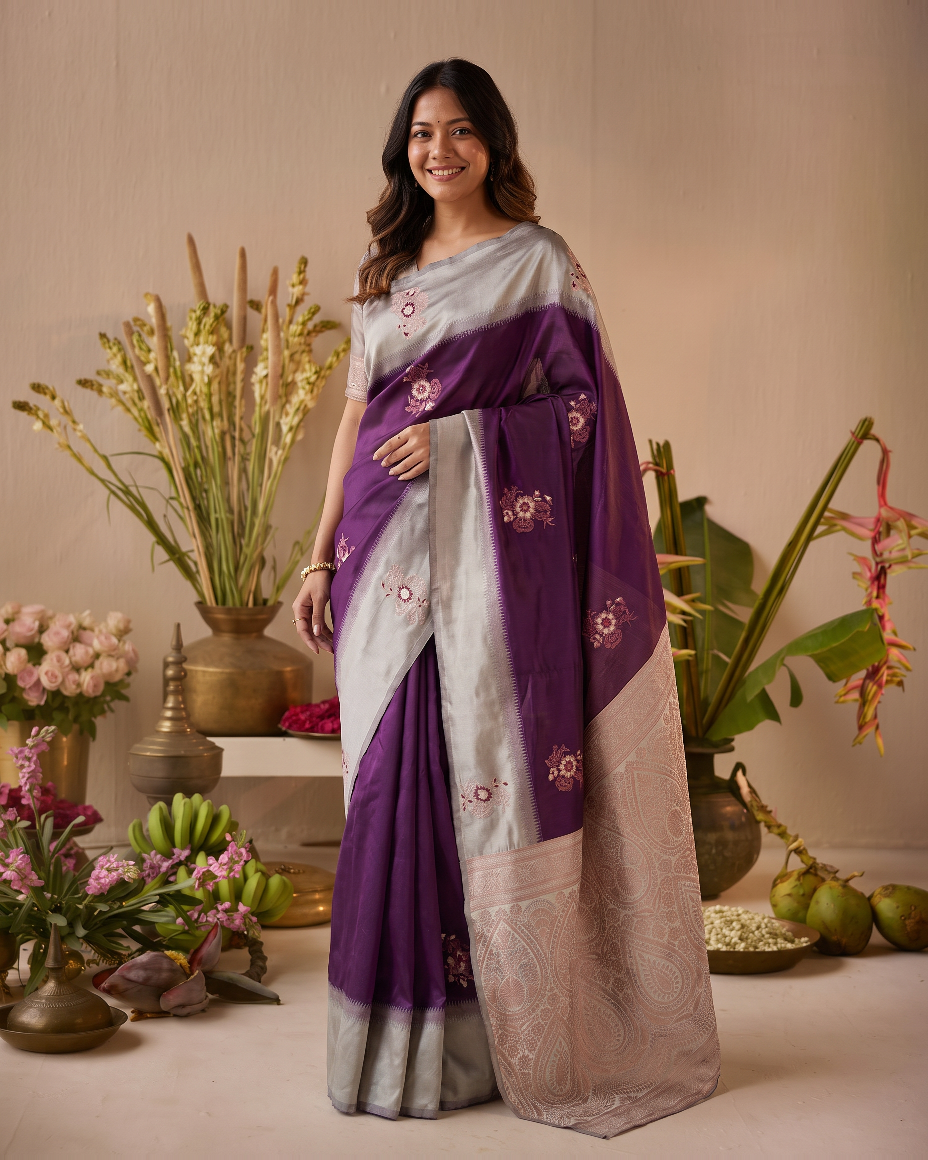 Pearl Grey Purple Silk Saree with Elegant Floral Motifs - full saree hero