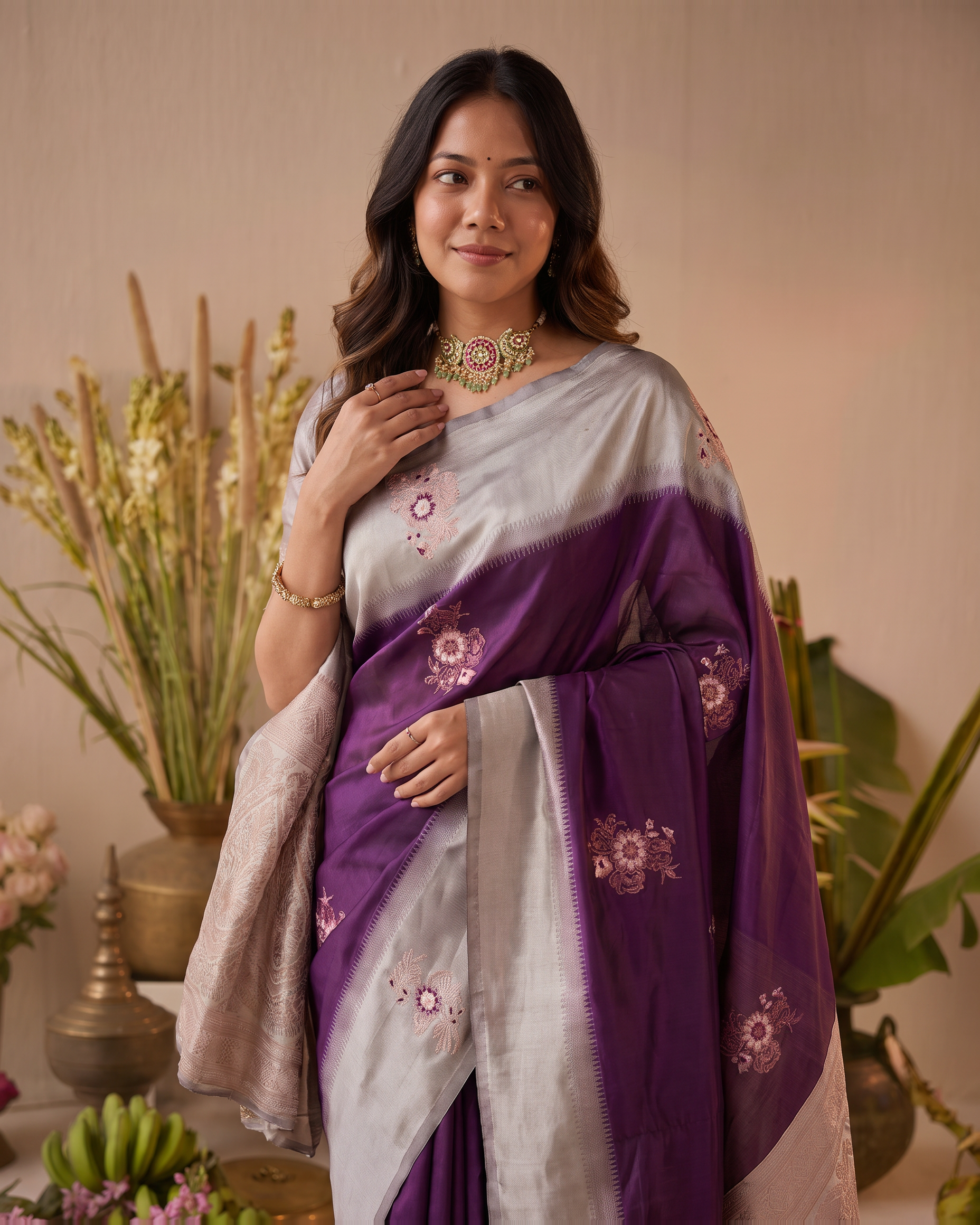 Pearl Grey Purple Silk Saree with Elegant Floral Motifs - upper closeup