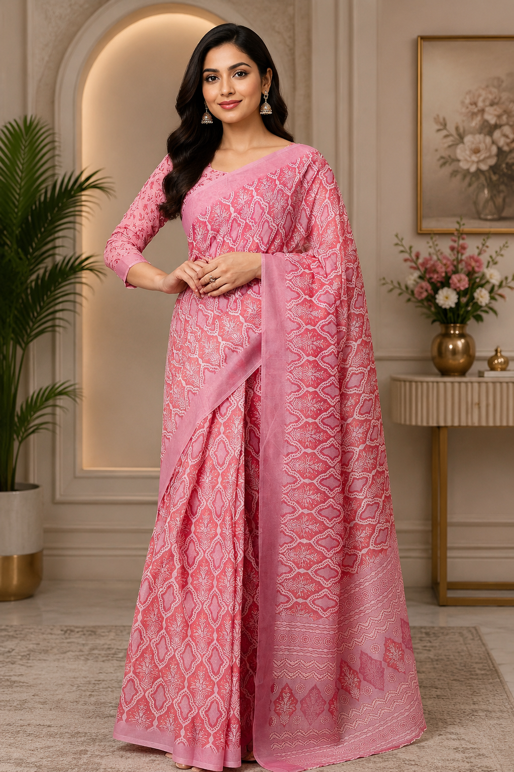 Pink Chanderi Cotton Printed Ready To Wear Saree - full saree