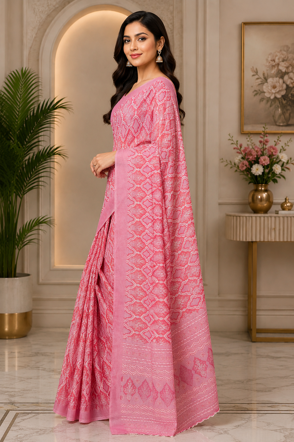 Pink Chanderi Cotton Printed Ready To Wear Saree - image 2