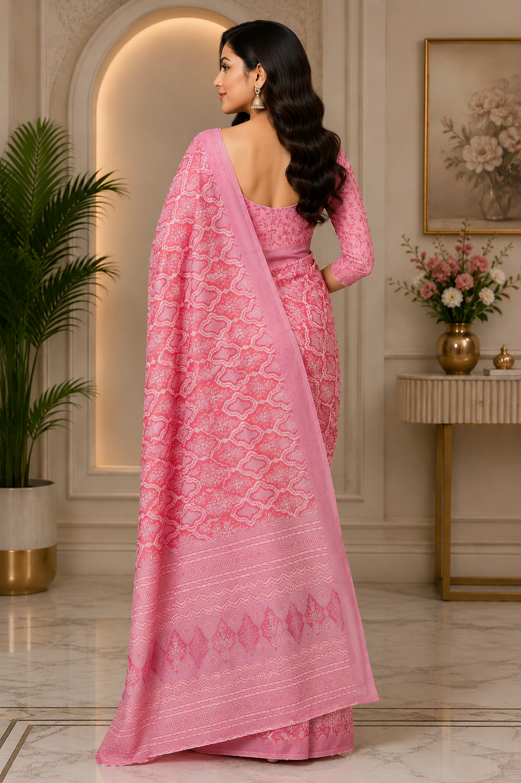 Pink Chanderi Cotton Printed Ready To Wear Saree - image 3