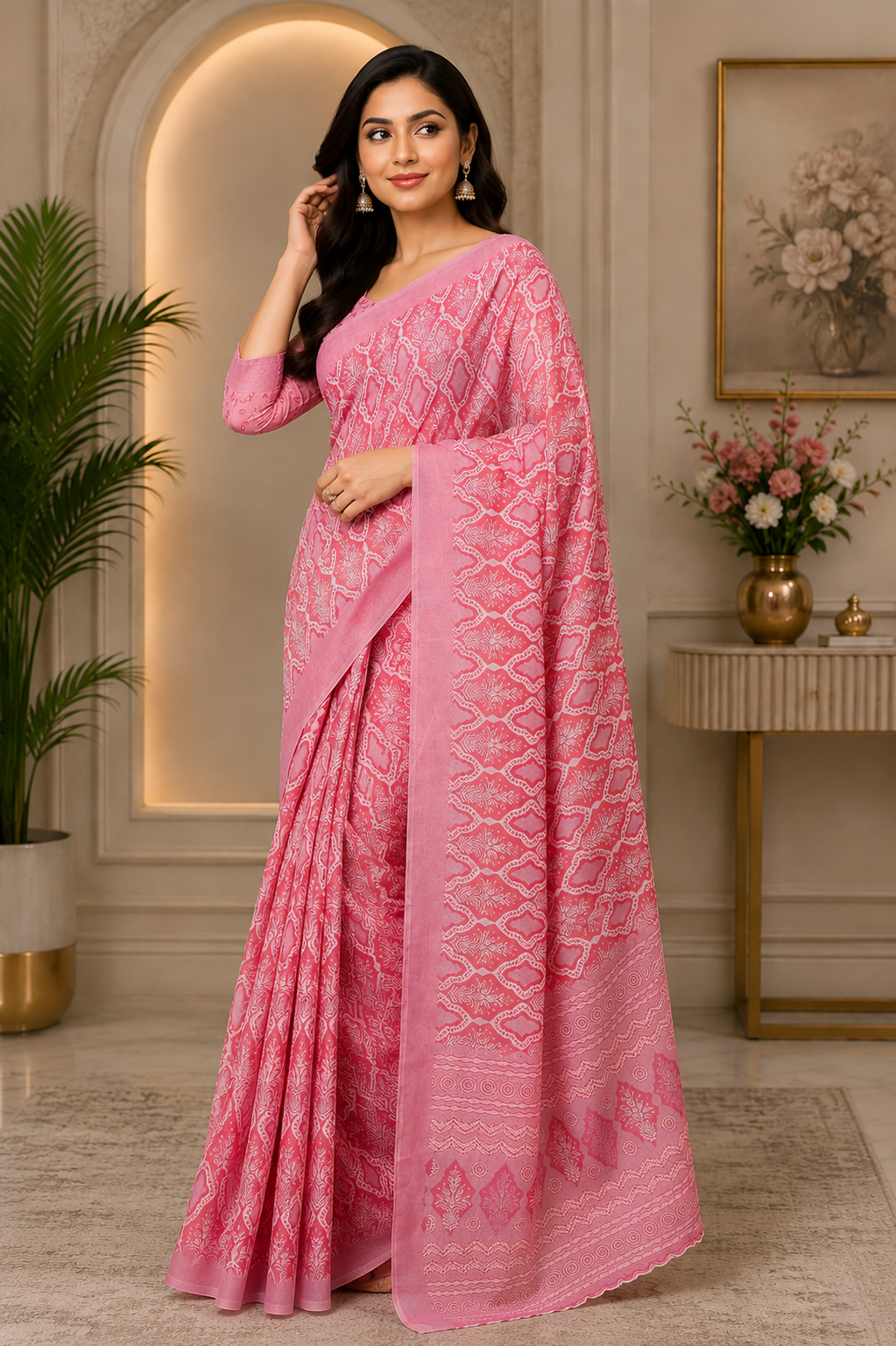 Pink Chanderi Cotton Printed Ready To Wear Saree - image 4