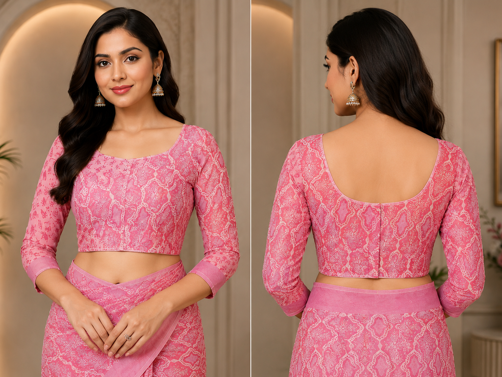 Pink Chanderi Cotton Printed Ready To Wear Saree - blouse detail