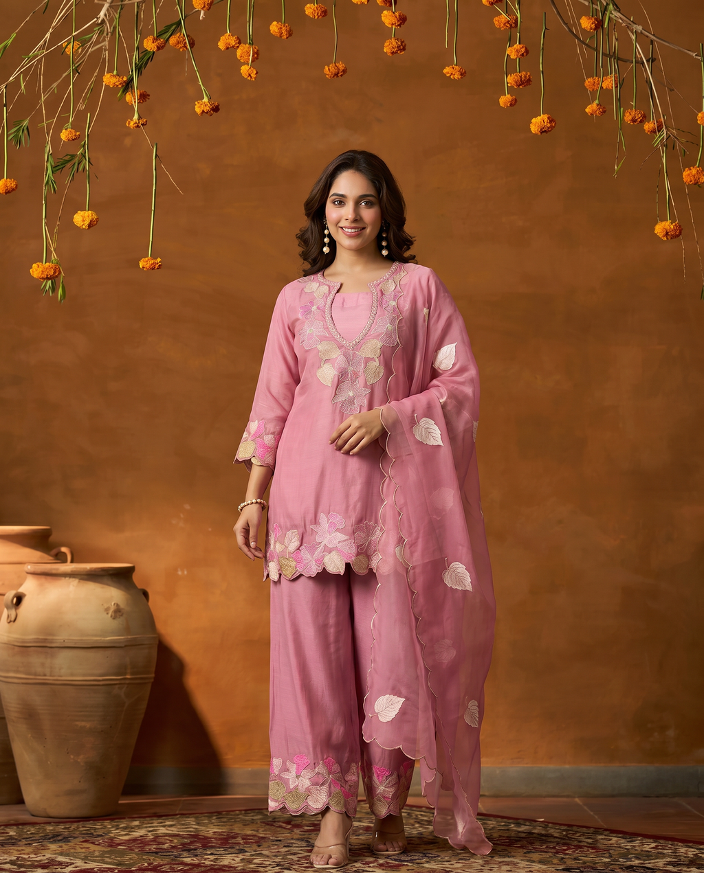 Pink Embroidered Natural Satin Sharara Palazzo Suit Set - hero