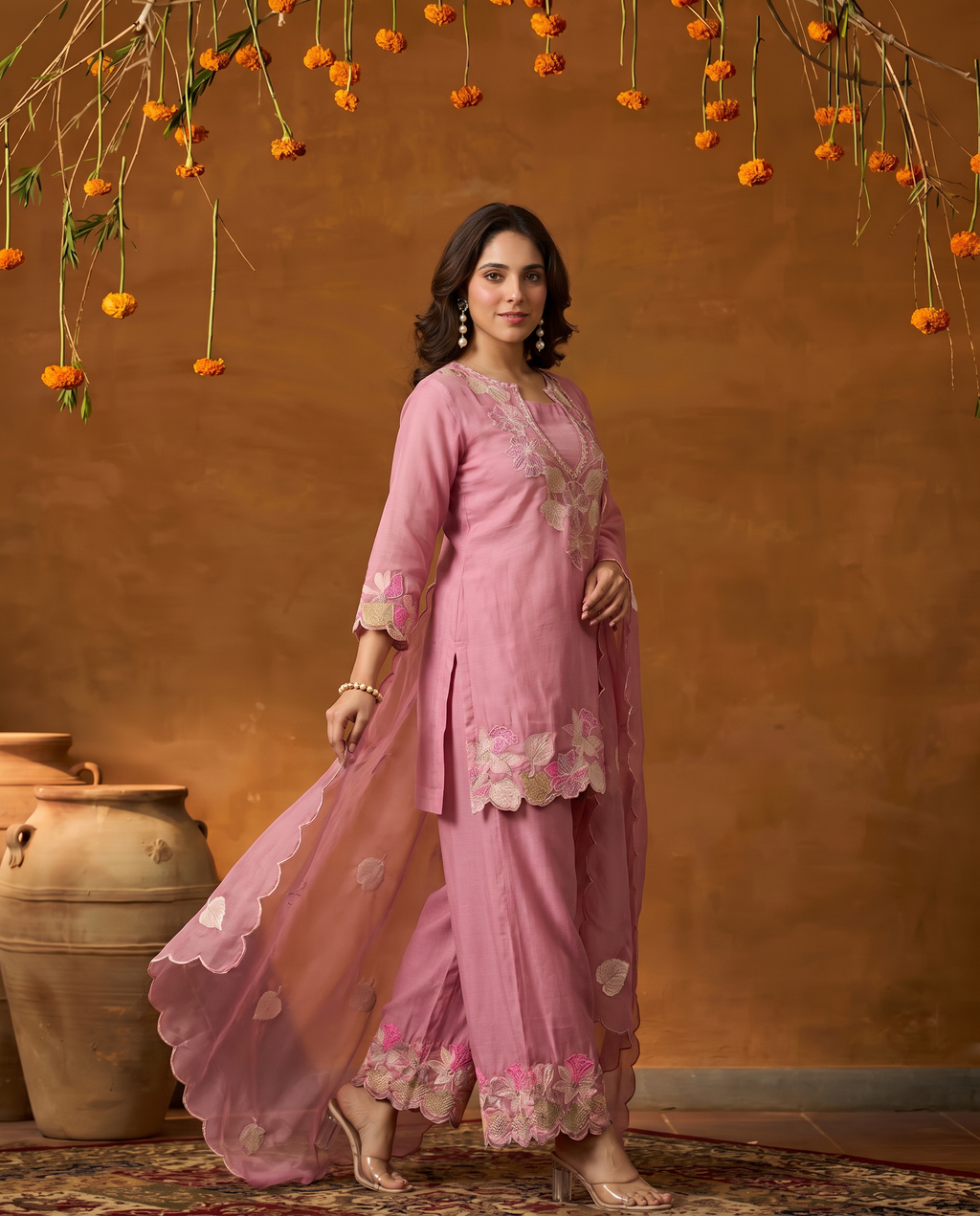 Pink Embroidered Natural Satin Sharara Palazzo Suit Set - angled movement