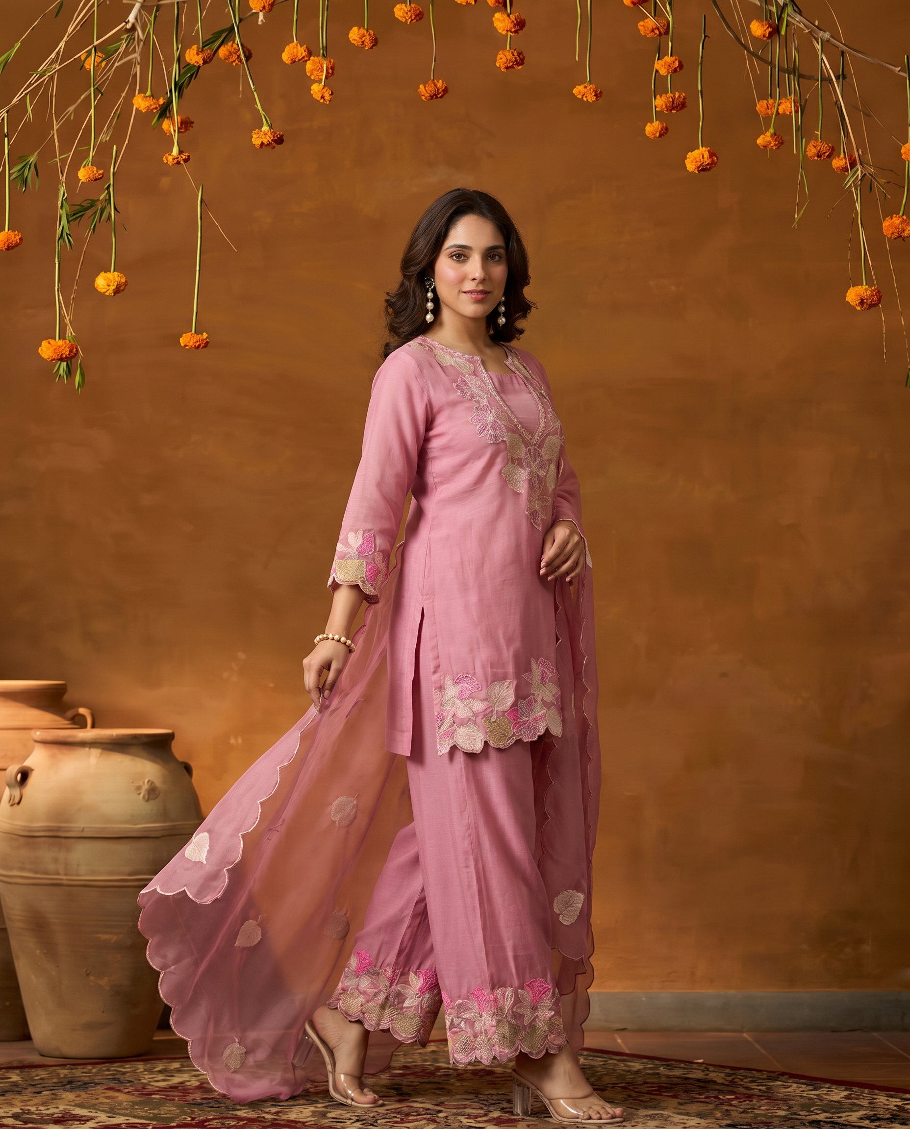 Pink Embroidered Natural Satin Sharara Palazzo Suit Set - angled movement