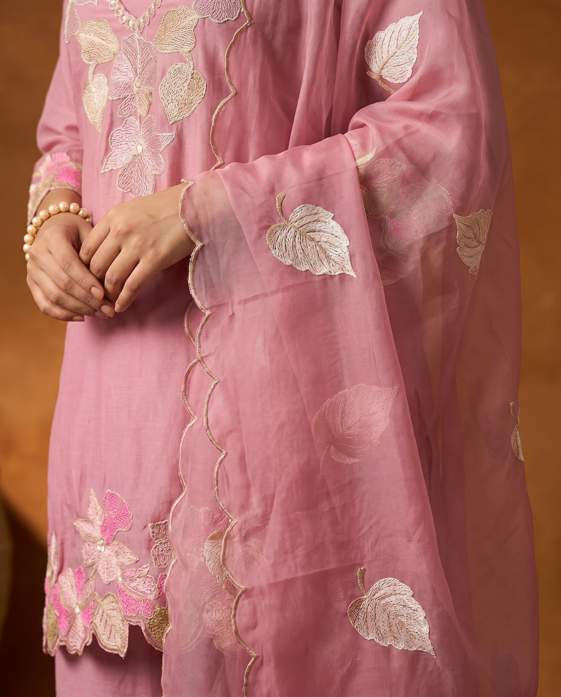 Pink Embroidered Natural Satin Sharara Palazzo Suit Set - dupatta detail