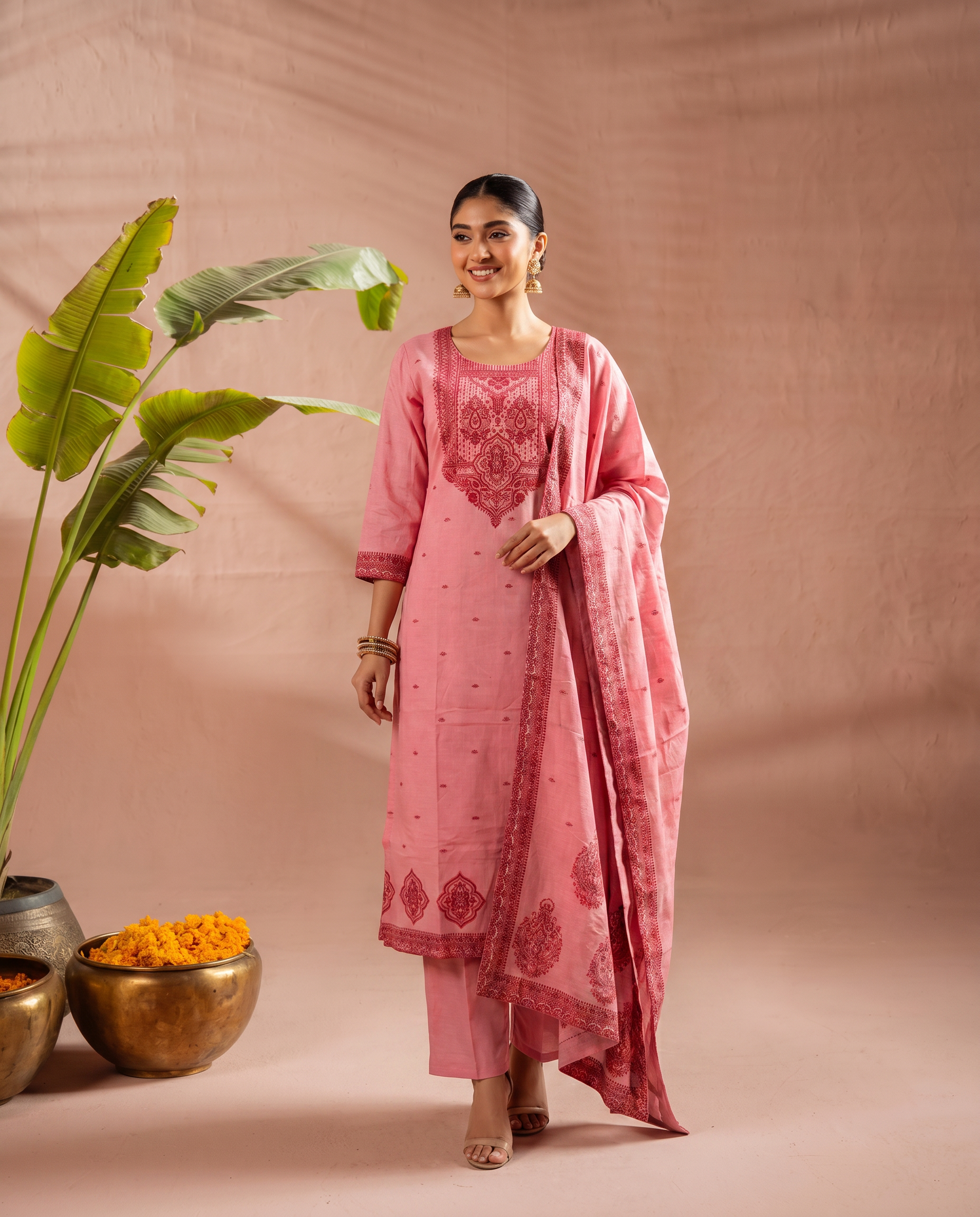 Pink Embroidered Salwar Suit Set with Maroon Detail - front