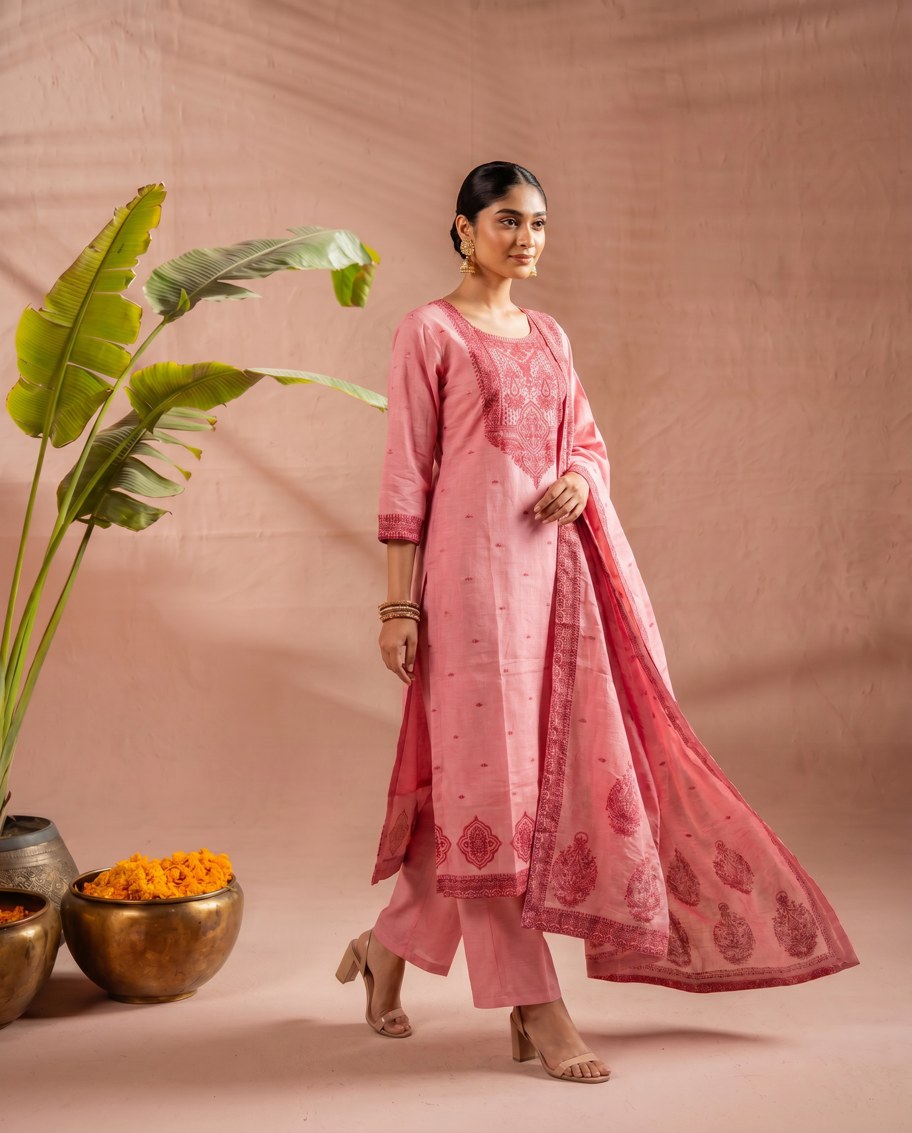 Pink Embroidered Salwar Suit Set with Maroon Detail - side