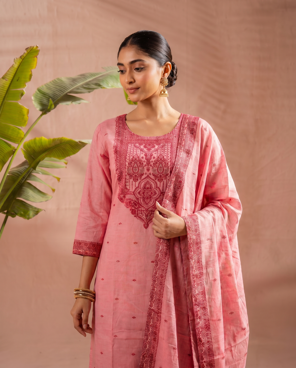 Pink Embroidered Salwar Suit Set with Maroon Detail - closeup