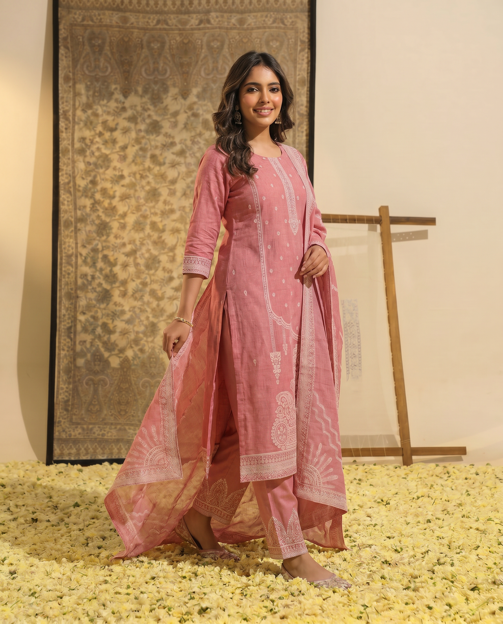 Pink Embroidered Salwar Suit Set with Off White Detail - side