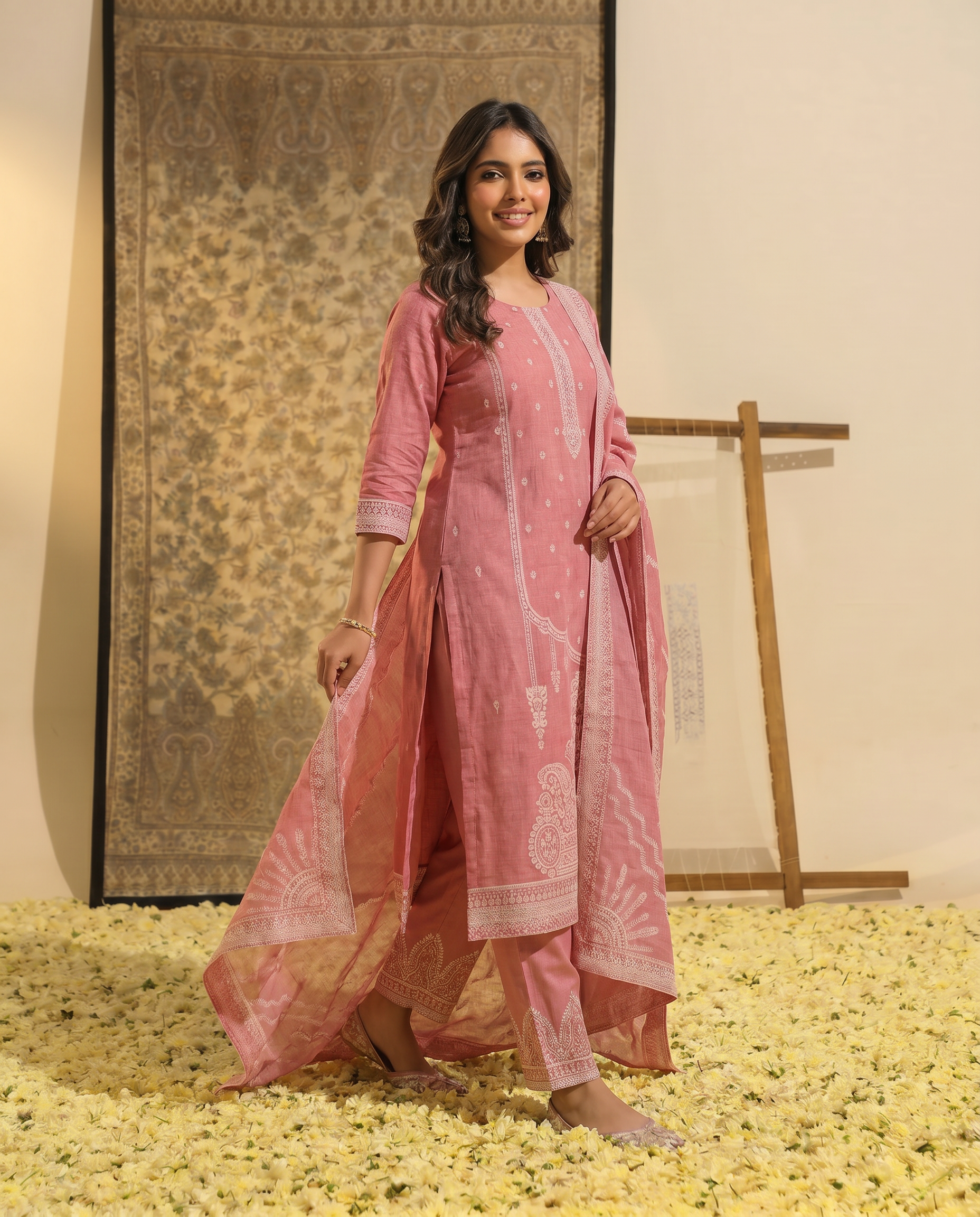 Pink Embroidered Salwar Suit Set with Off White Detail - side