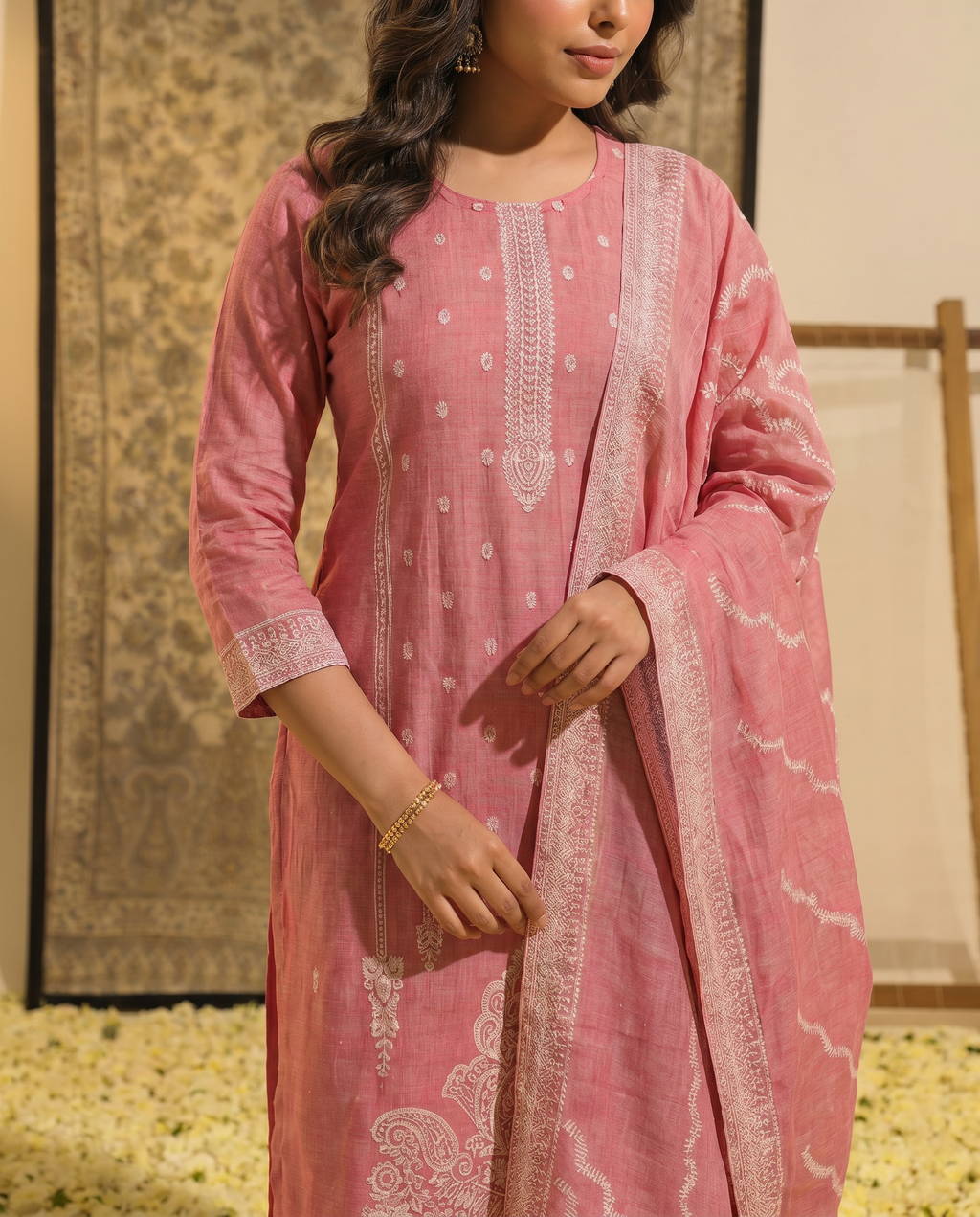 Pink Embroidered Salwar Suit Set with Off White Detail - closeup