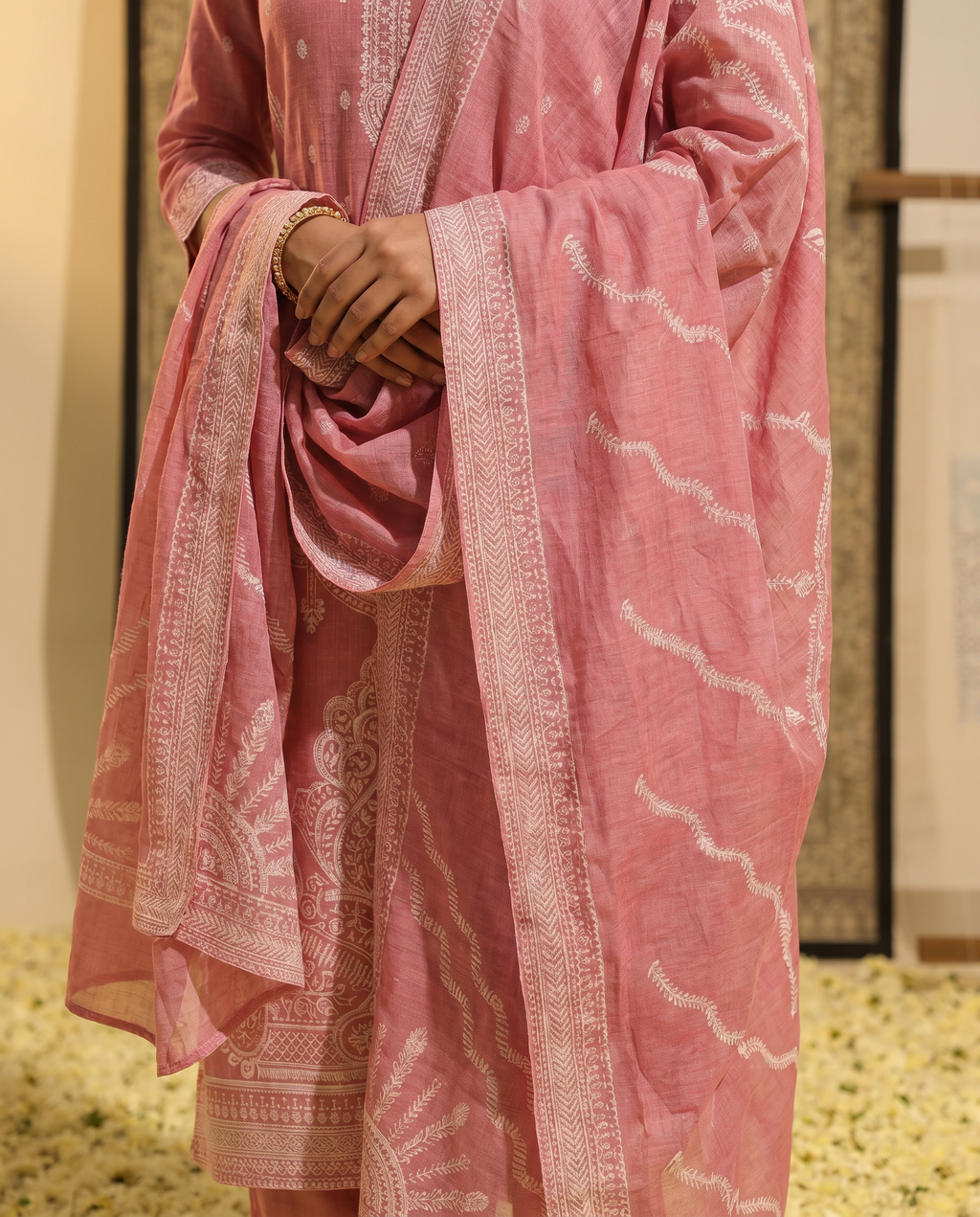 Pink Embroidered Salwar Suit Set with Off White Detail - dupatta