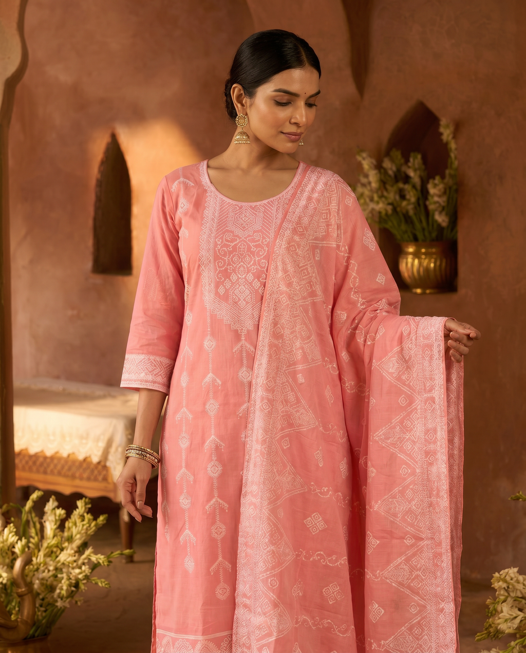 Pink Embroidered Salwar Suit Set with White Border - closeup