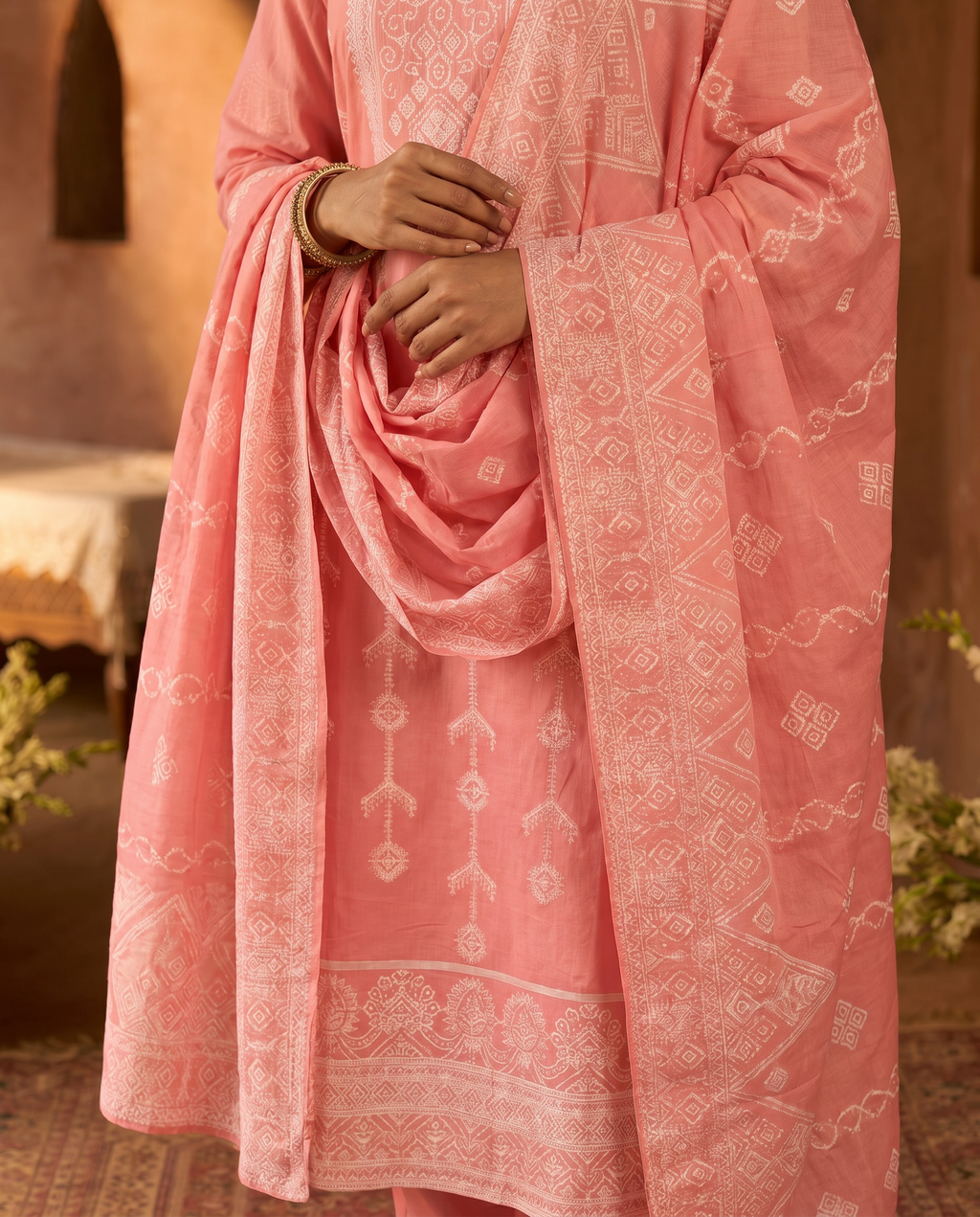 Pink Embroidered Salwar Suit Set with White Border - dupatta