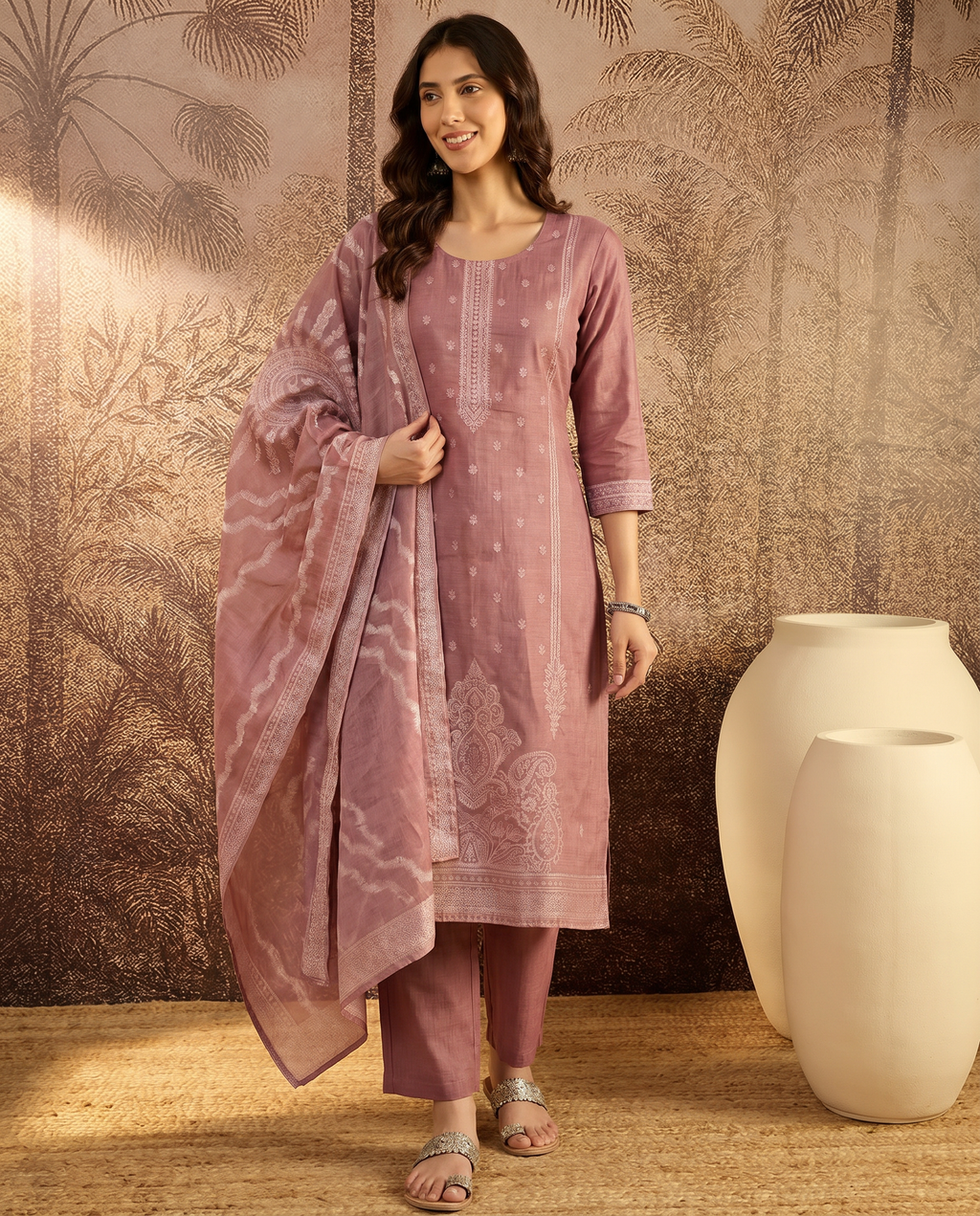 Pink Embroidered Salwar Suit Set with White Detail - front