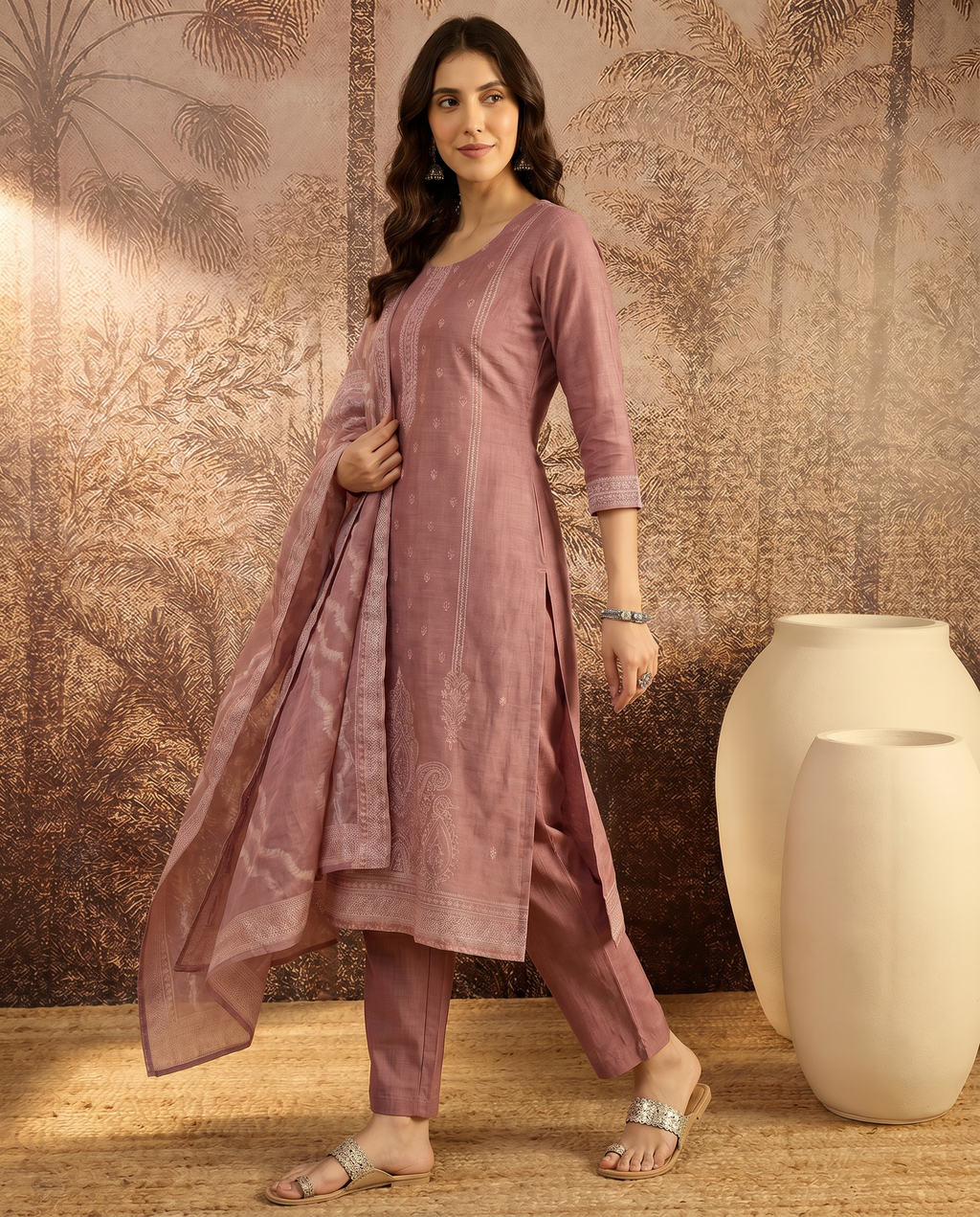 Pink Embroidered Salwar Suit Set with White Detail - side