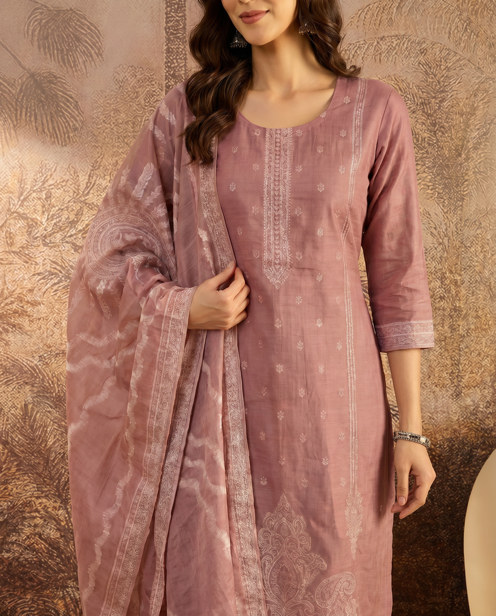 Pink Embroidered Salwar Suit Set with White Detail - closeup