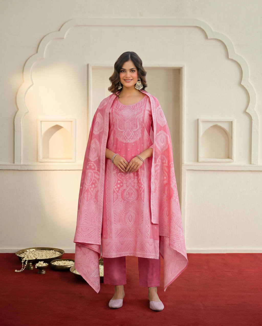 Pink Embroidered Salwar Suit Set with White Embroidery Floral Detail - front