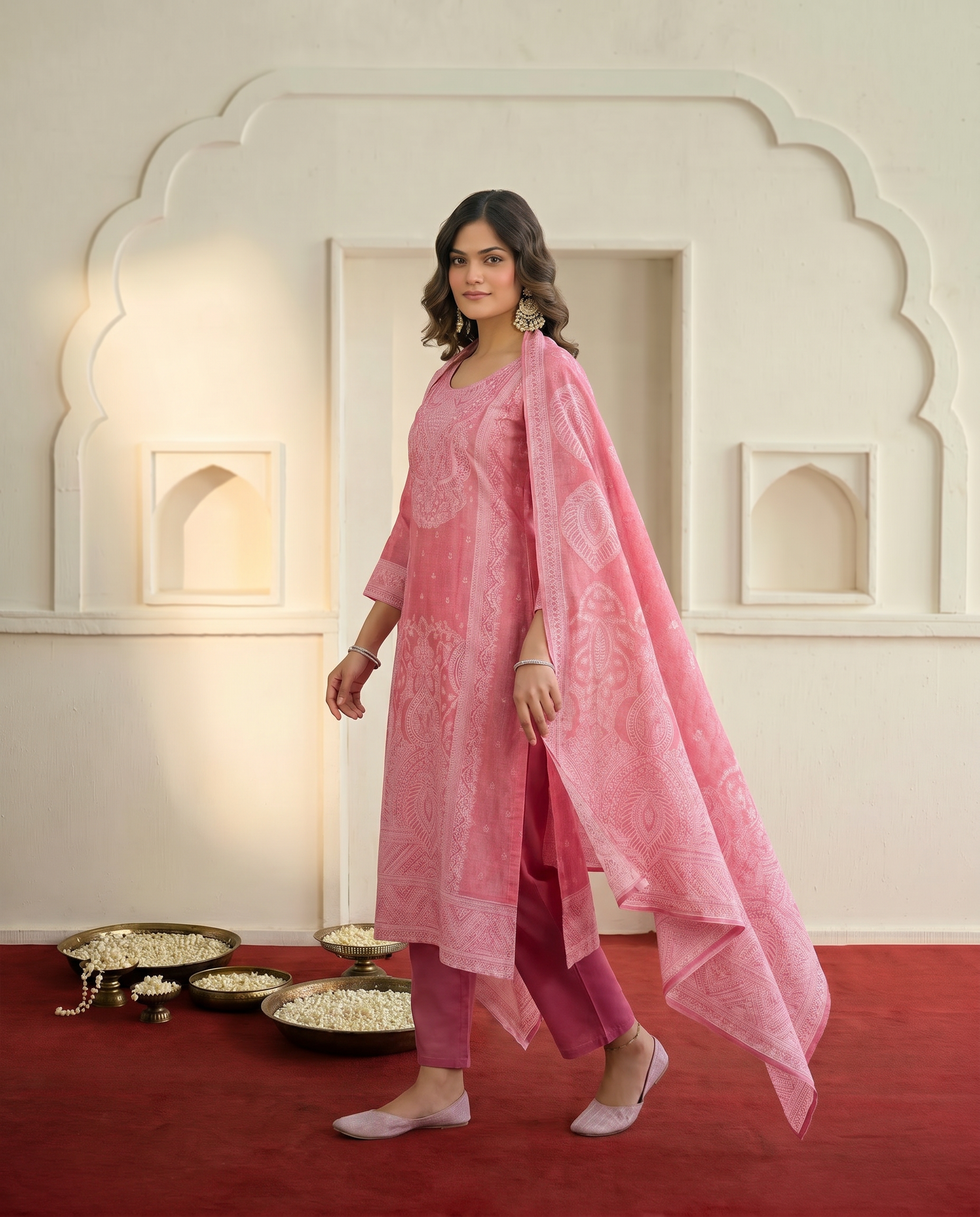 Pink Embroidered Salwar Suit Set with White Embroidery Floral Detail - side