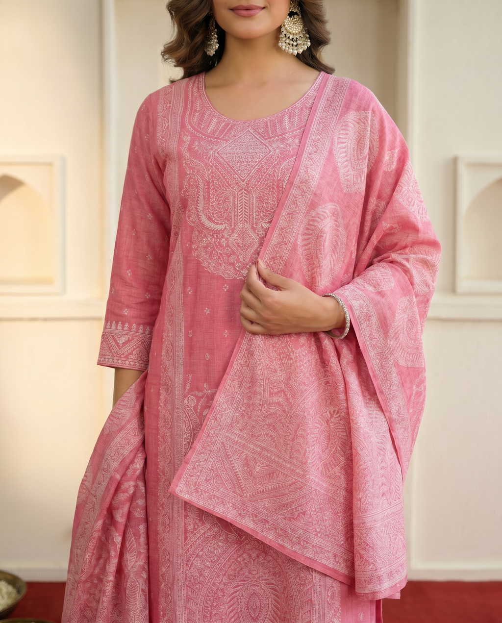 Pink Embroidered Salwar Suit Set with White Embroidery Floral Detail - closeup