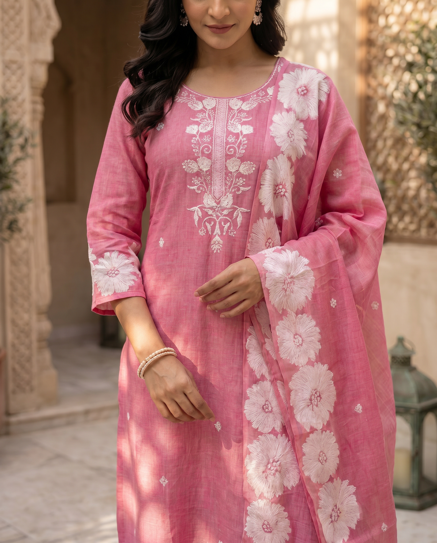 Pink Floral Salwar Suit Set - closeup