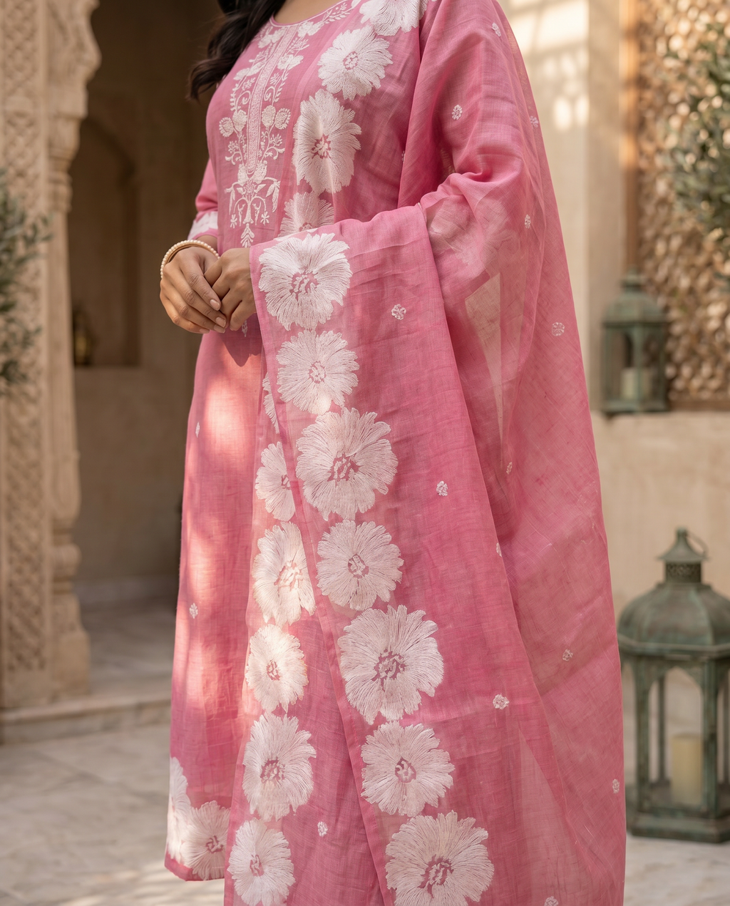 Pink Floral Salwar Suit Set - dupatta