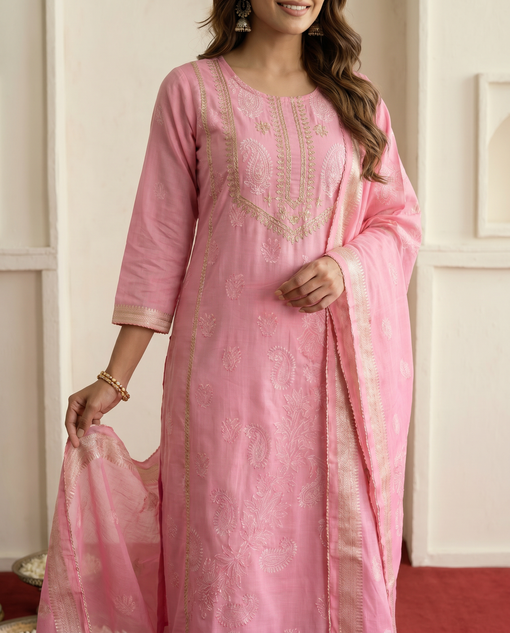 Pink Paisley Work Salwar Suit Set - closeup